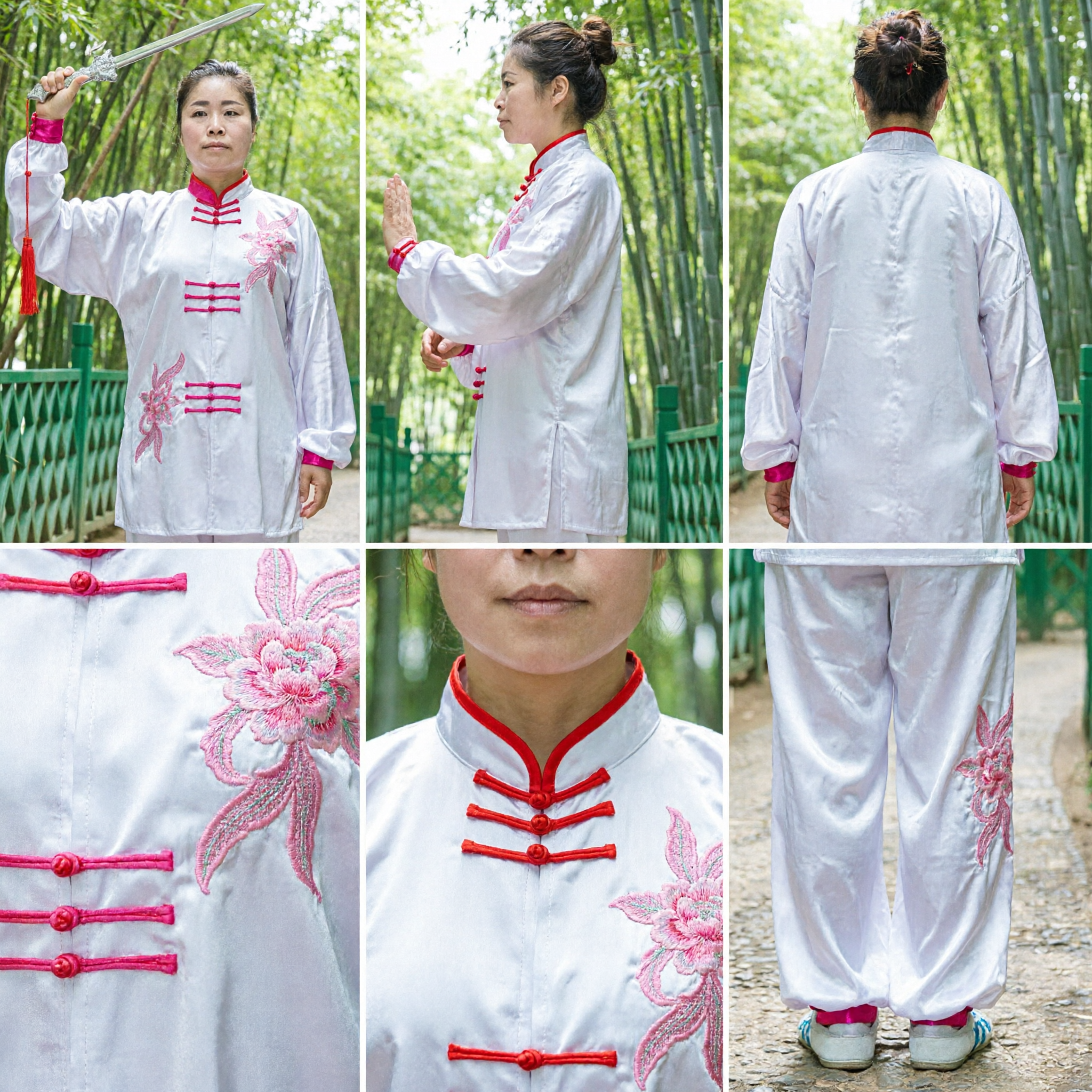 مجموعة زي التاي تشي الأبيض للسيدات - زي الكونغ فو والوشو التقليدي بتطريز وردي للتدريب - Asian Costume