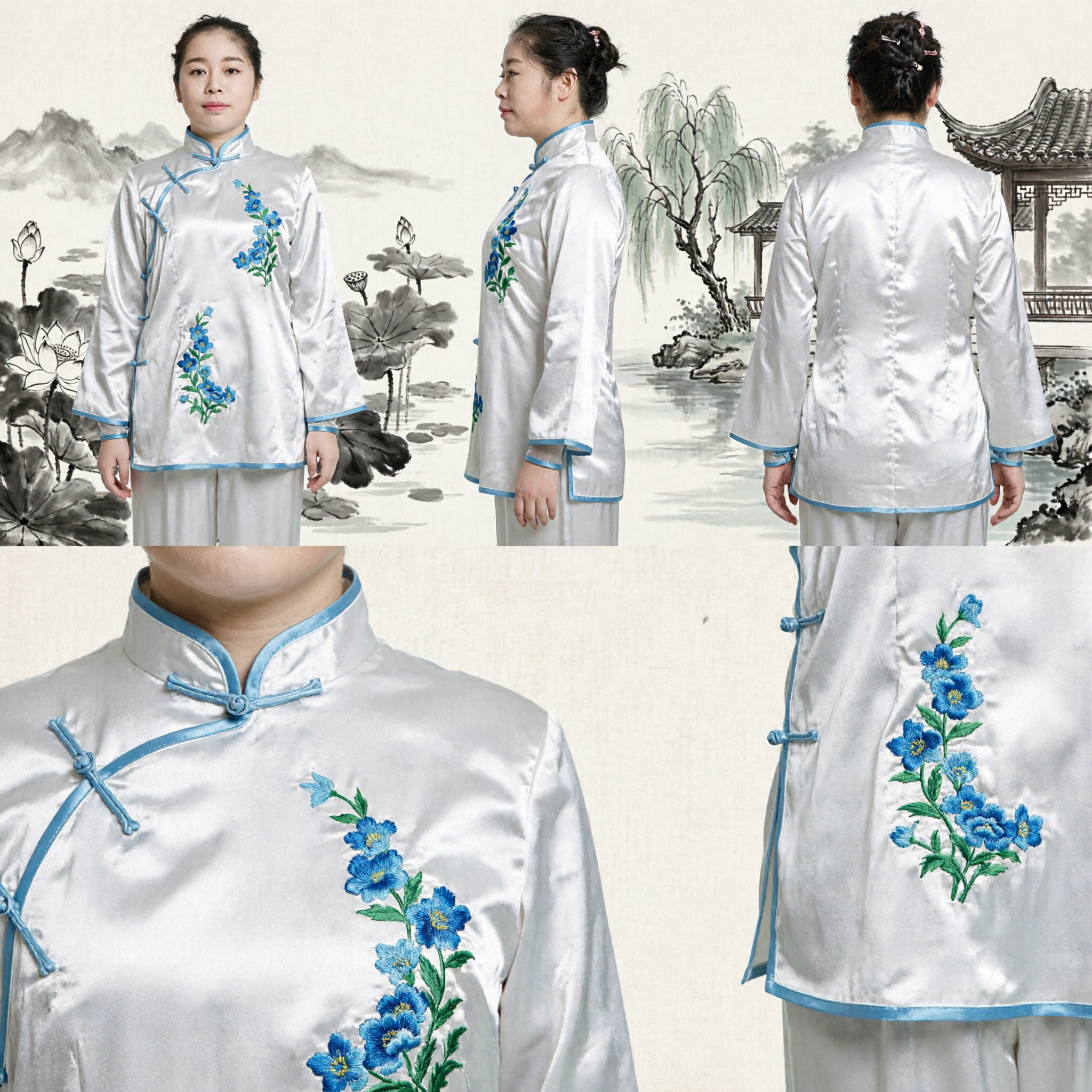Dames Witte Zijden Tang-pak Traditioneel Chinees Geborduurd Kung Fu-uniform voor Tai Chi en Yogabeoefening - Asian Costume