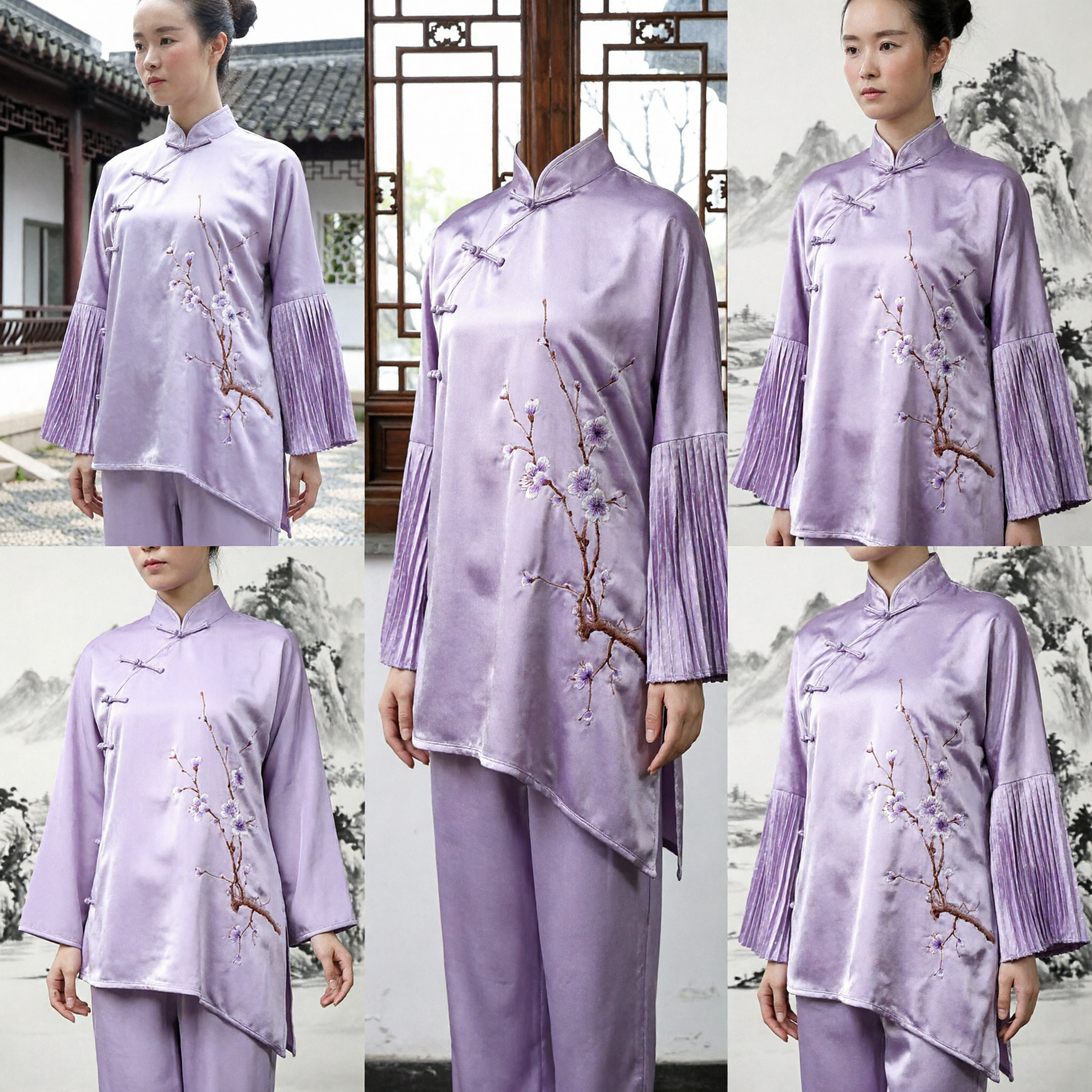 Haut d'uniforme de Kung Fu Tai Chi traditionnel chinois Tang Suit lavande pour femmes avec broderie de fleurs de prunier - Asian Costume