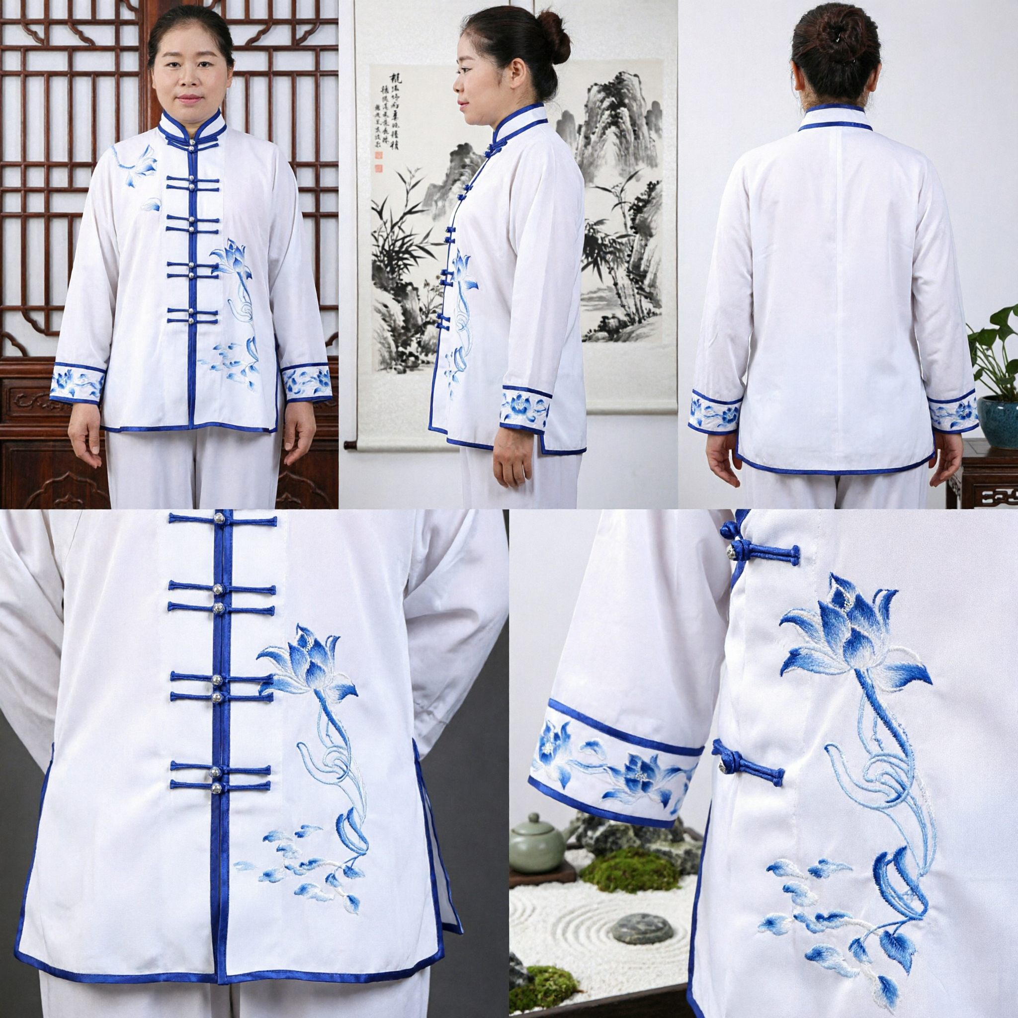 Damen Traditionelle Tai-Chi-Uniform Weißer Seiden-Kung-Fu-Anzug mit Blauem Blumenmuster für Kampfkunstauftritte - Asian Costume