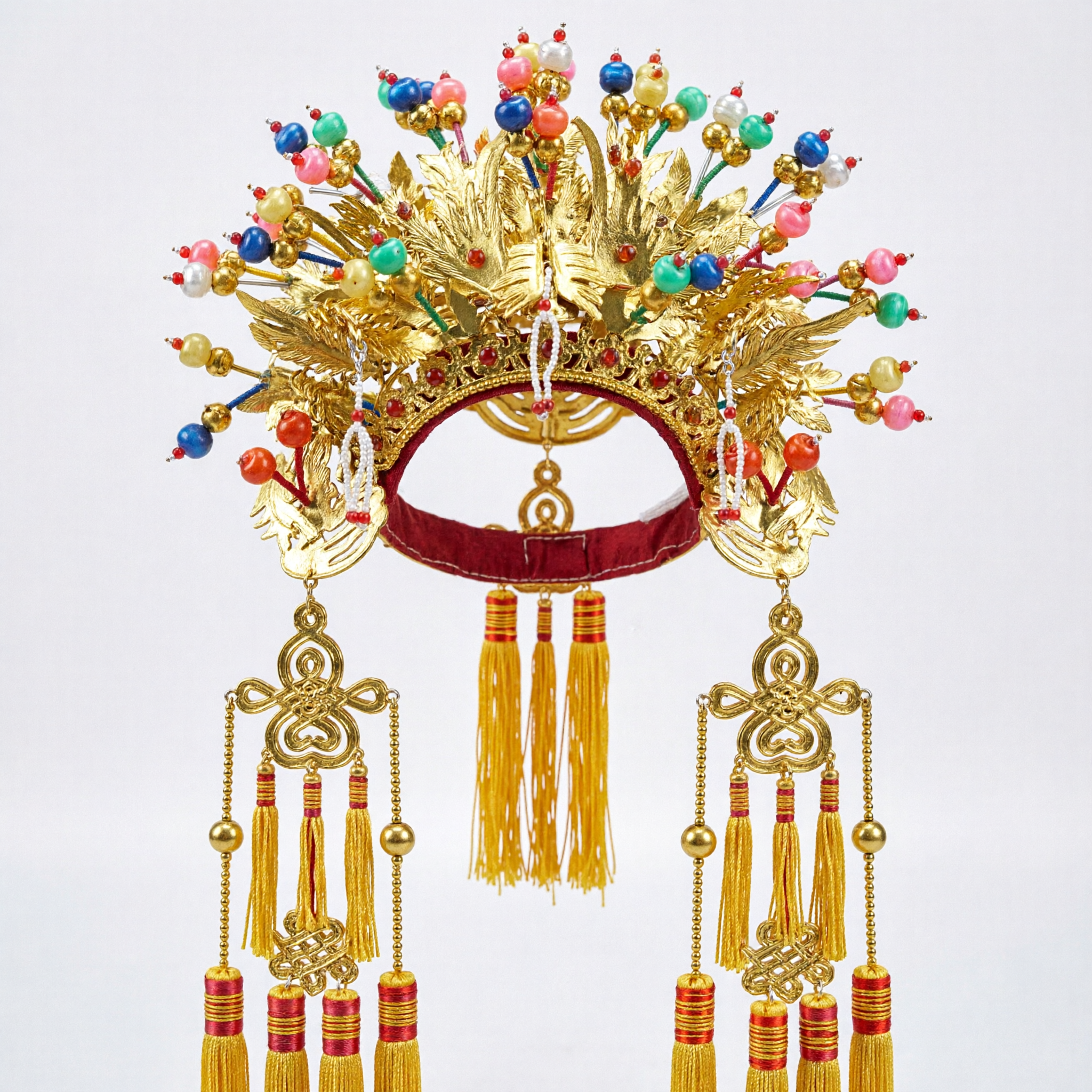 Corona Tradicional China de Fénix Dorada con Cuentas Coloridas y Largas Borlas para Traje de Ópera y Boda - Asian Costume