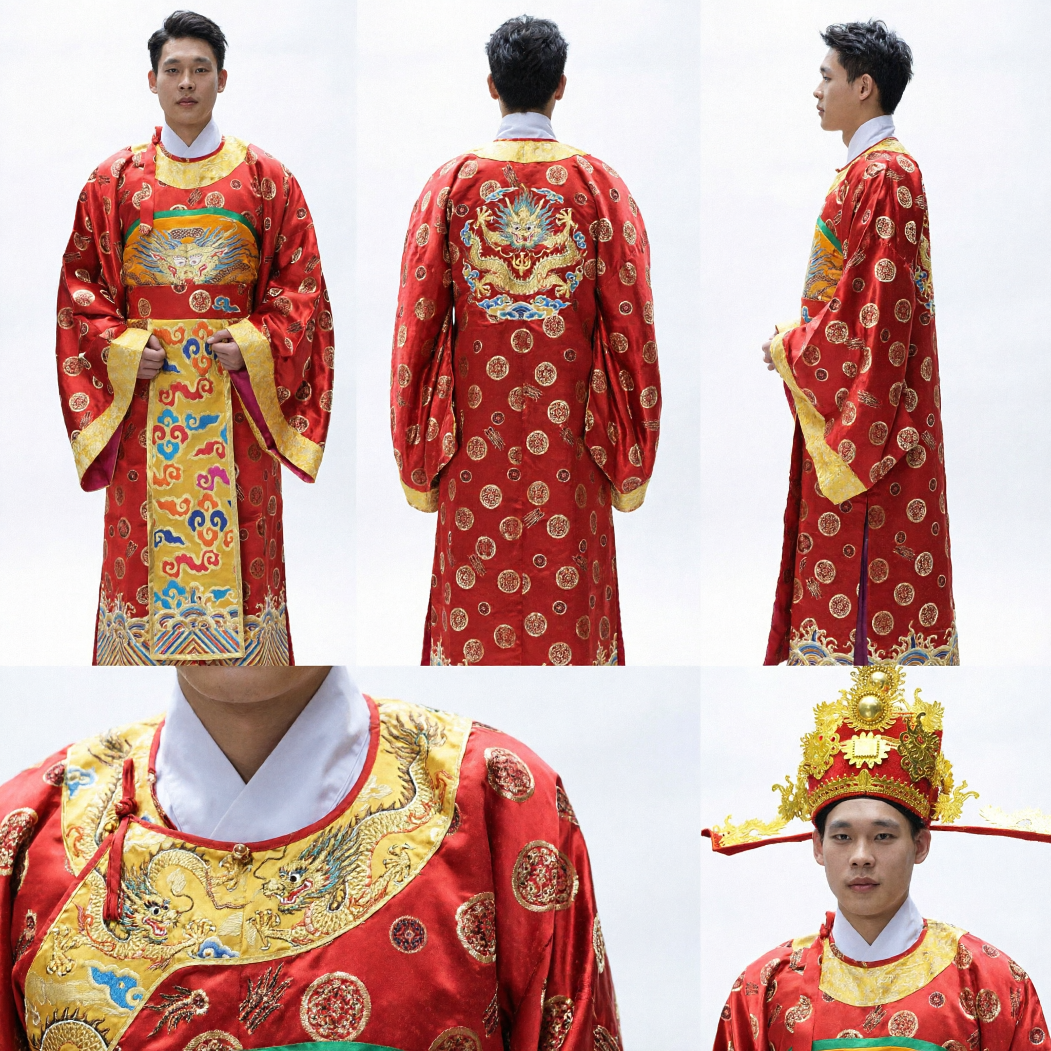 Traditionelles Chinesisches Gott des Reichtums Caishen Kostüm für Herren Rot Bestickter Robe Hut und Goldbarren Requisite - Asian Costume