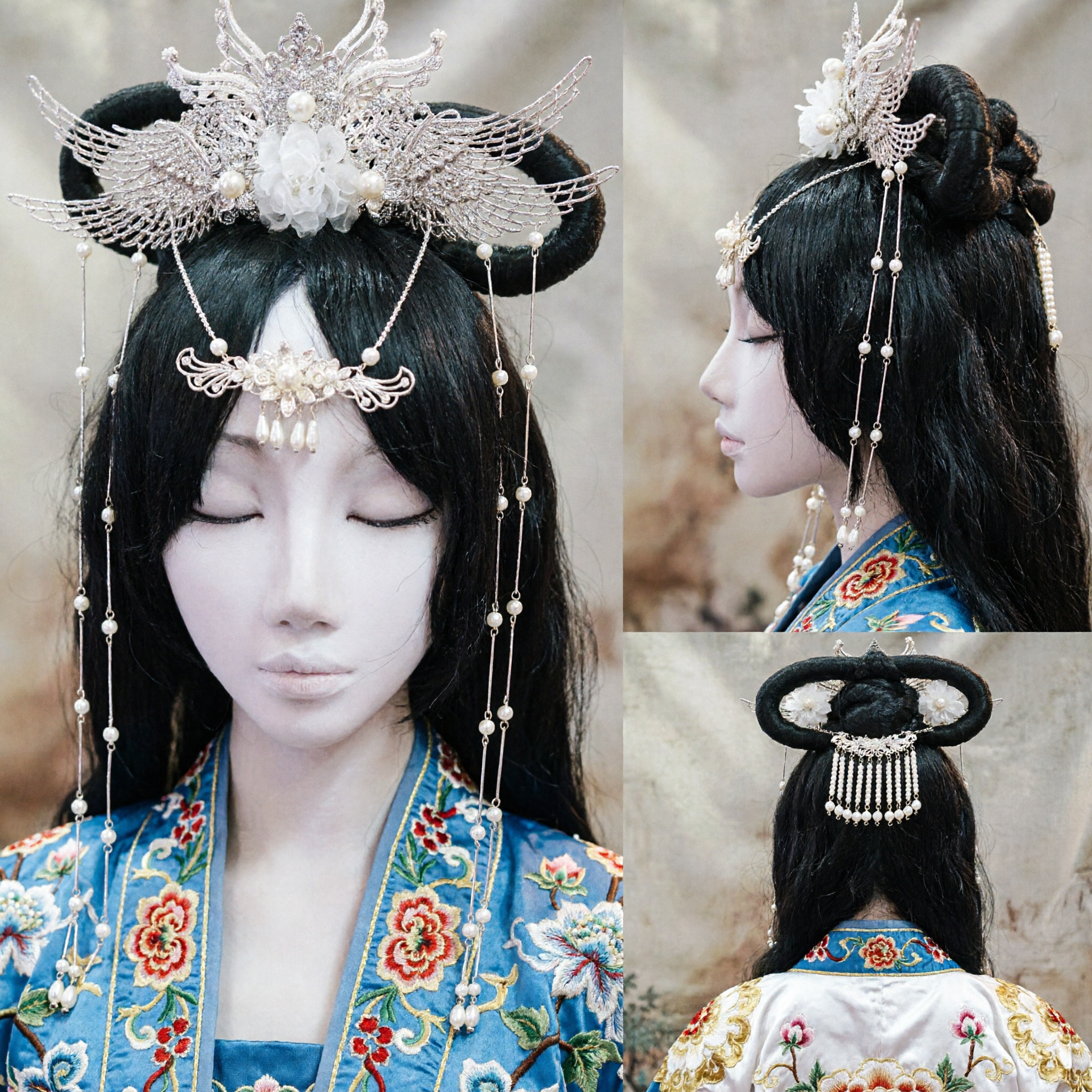 Traditional Chinese Hanfu Hair Accessories Ancient Princess Phoenix Crown Headpiece with Pearl Tassels for Wedding Cosplay - Asian Costume