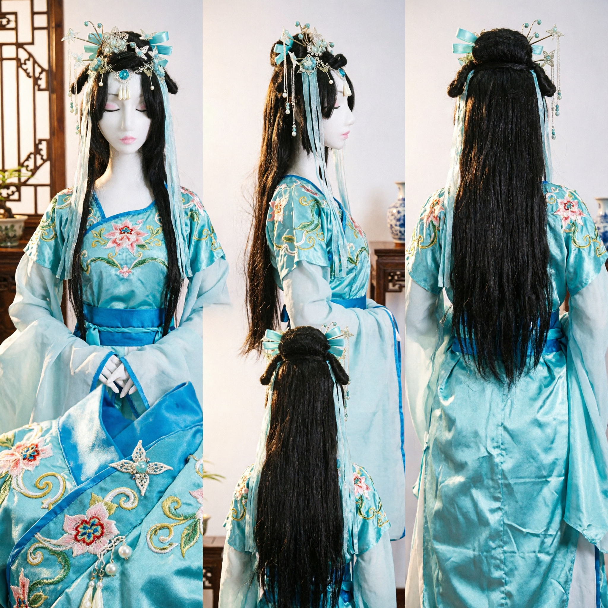 Juego de Accesorios para el Cabello Hanfu Tradicional Chino, Horquillas y Tocado Azul con Mariposas para Mujer, para Boda y Cosplay - Asian Costume