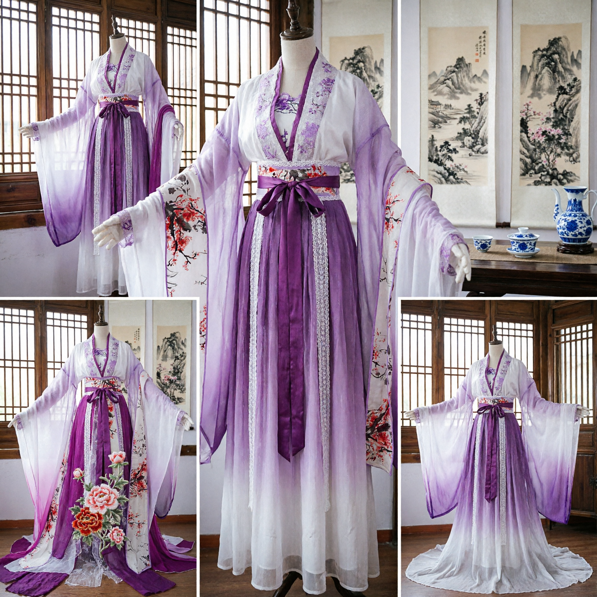 Elegantes Lila Blumen-Hanfu Traditionelles Chinesisches Kostüm Weitärmeliger Robe Antikes Kleid für Damenauftritte - Asian Costume