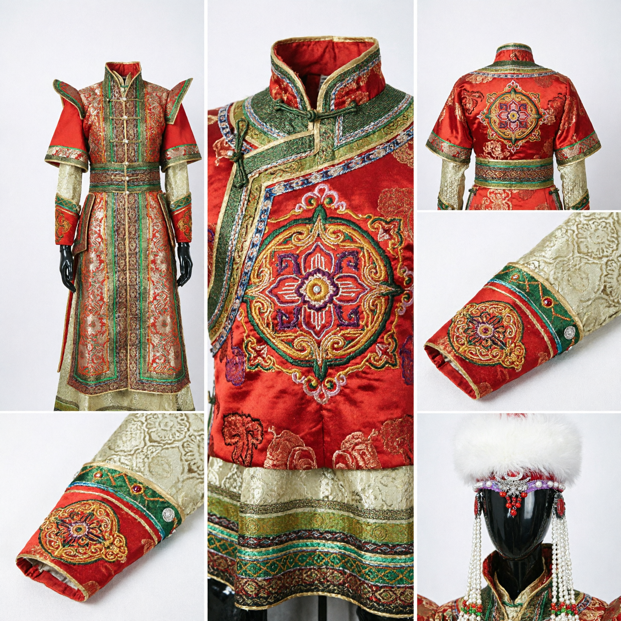 Tradycyjny kostium mniejszości etnicznej Mongolii dla kobiet, czerwona haftowana szata z futrzanym kapeluszem na występy sceniczne - Asian Costume