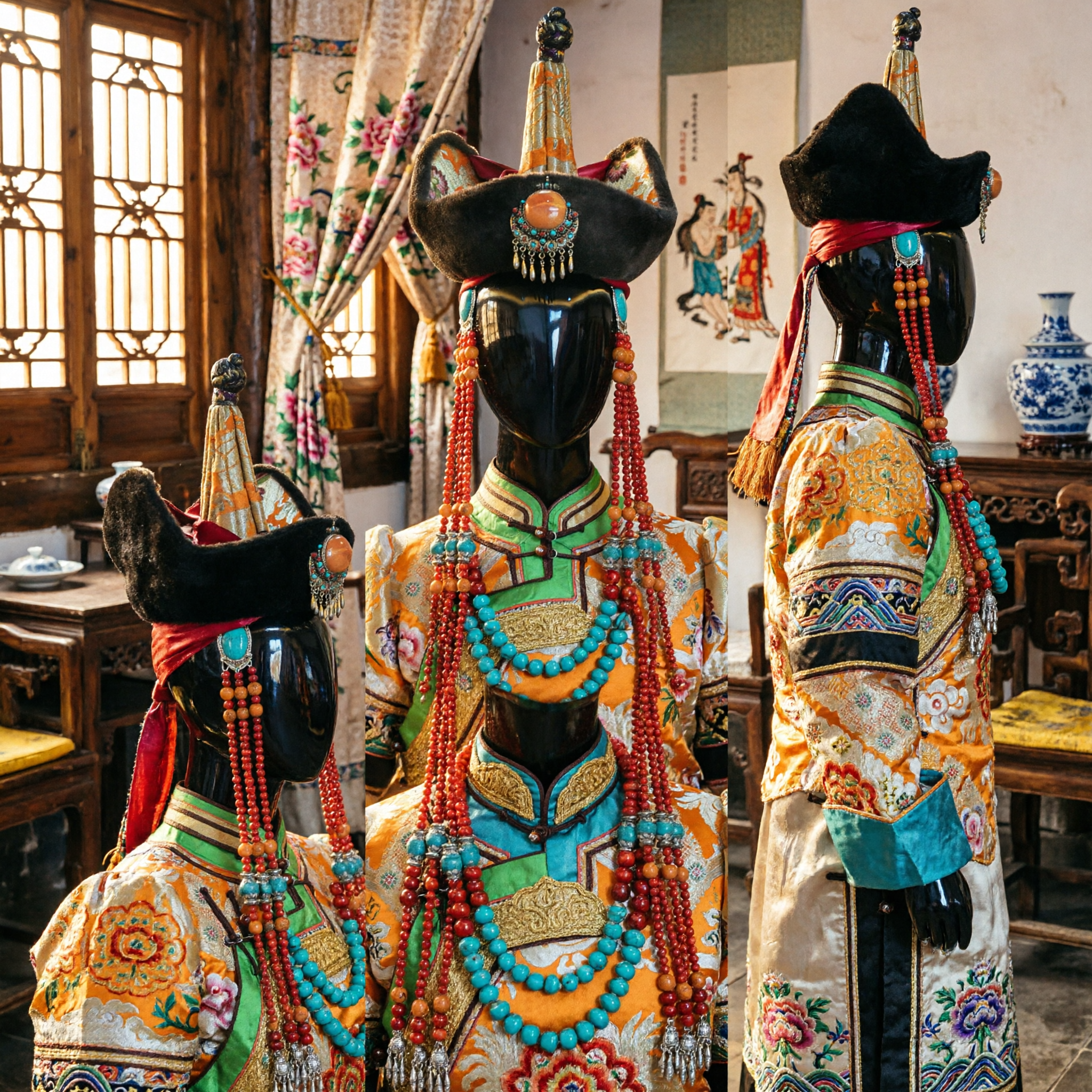 Traditionele Mongoolse Trouw Hoofdtooi met Koraalkralen en Turkoois Sieraden Set voor Vrouwen Etnisch Kostuum - Asian Costume