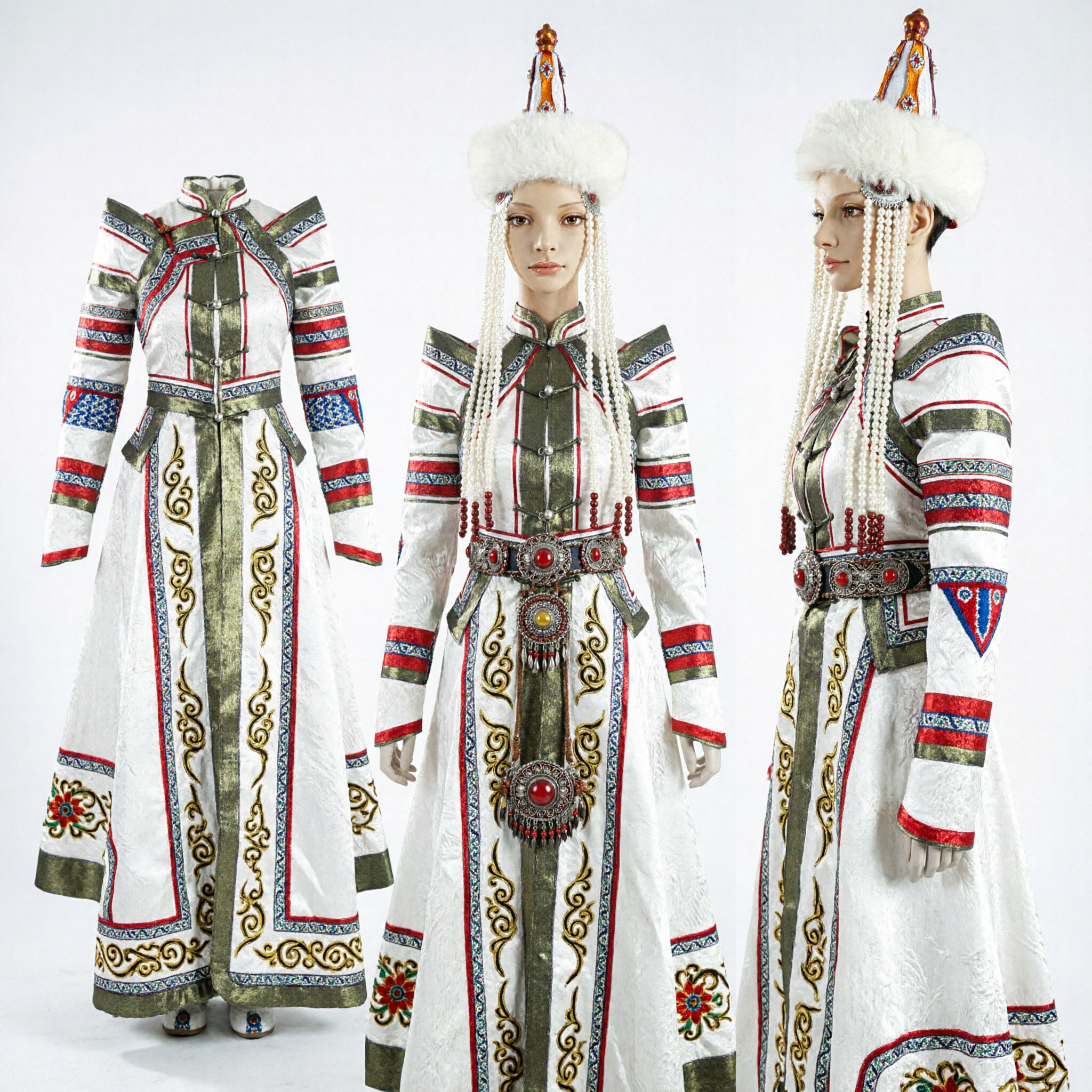 Robe de mariage mongole traditionnelle blanche pour femmes avec chapeau en fourrure et coiffe perlée - Costume ethnique - Asian Costume