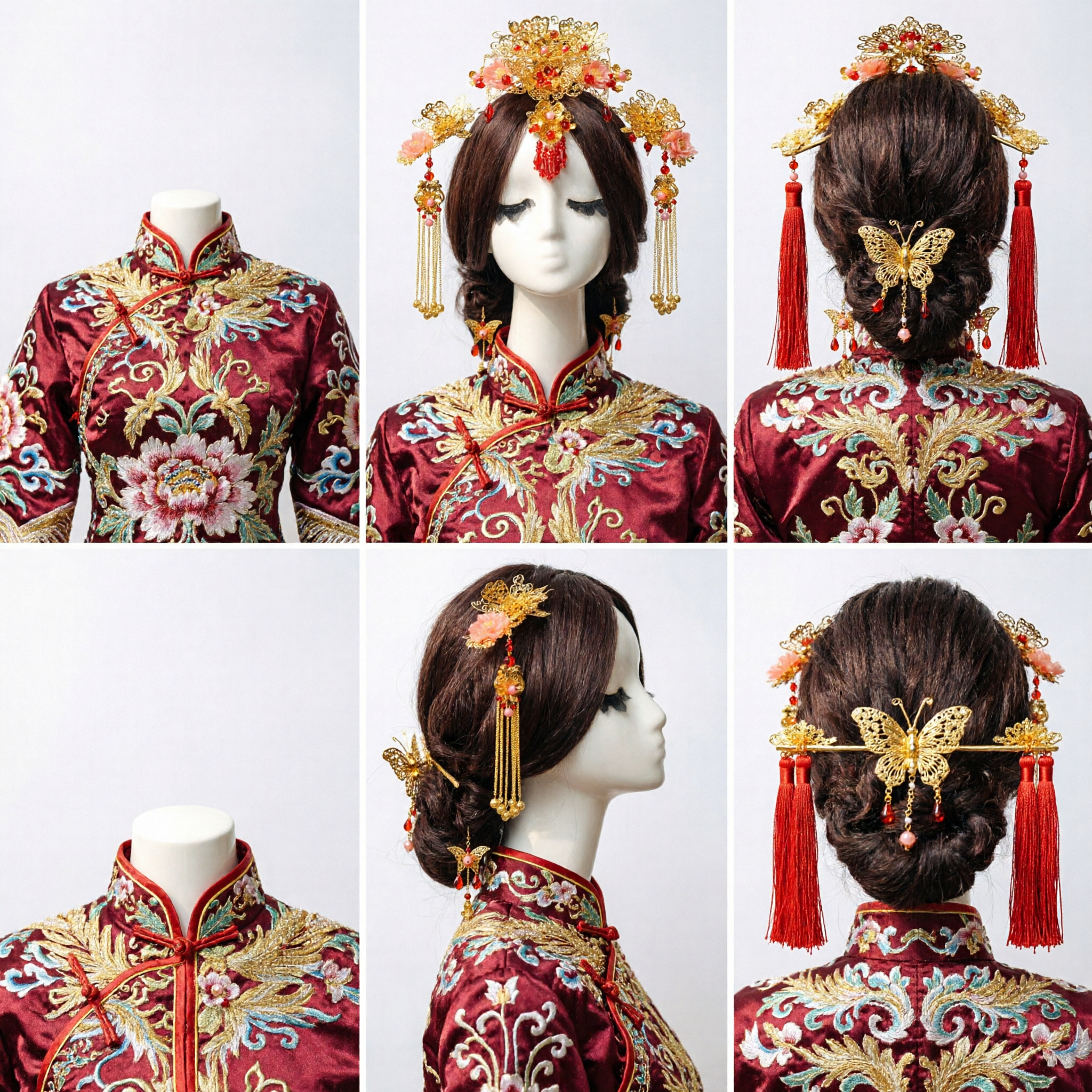 مجموعة إكسسوارات شعر الزفاف الصينية التقليدية - تاج ذهبي على شكل فراشات وزهور مع شرابات حمراء للعروس - Asian Costume