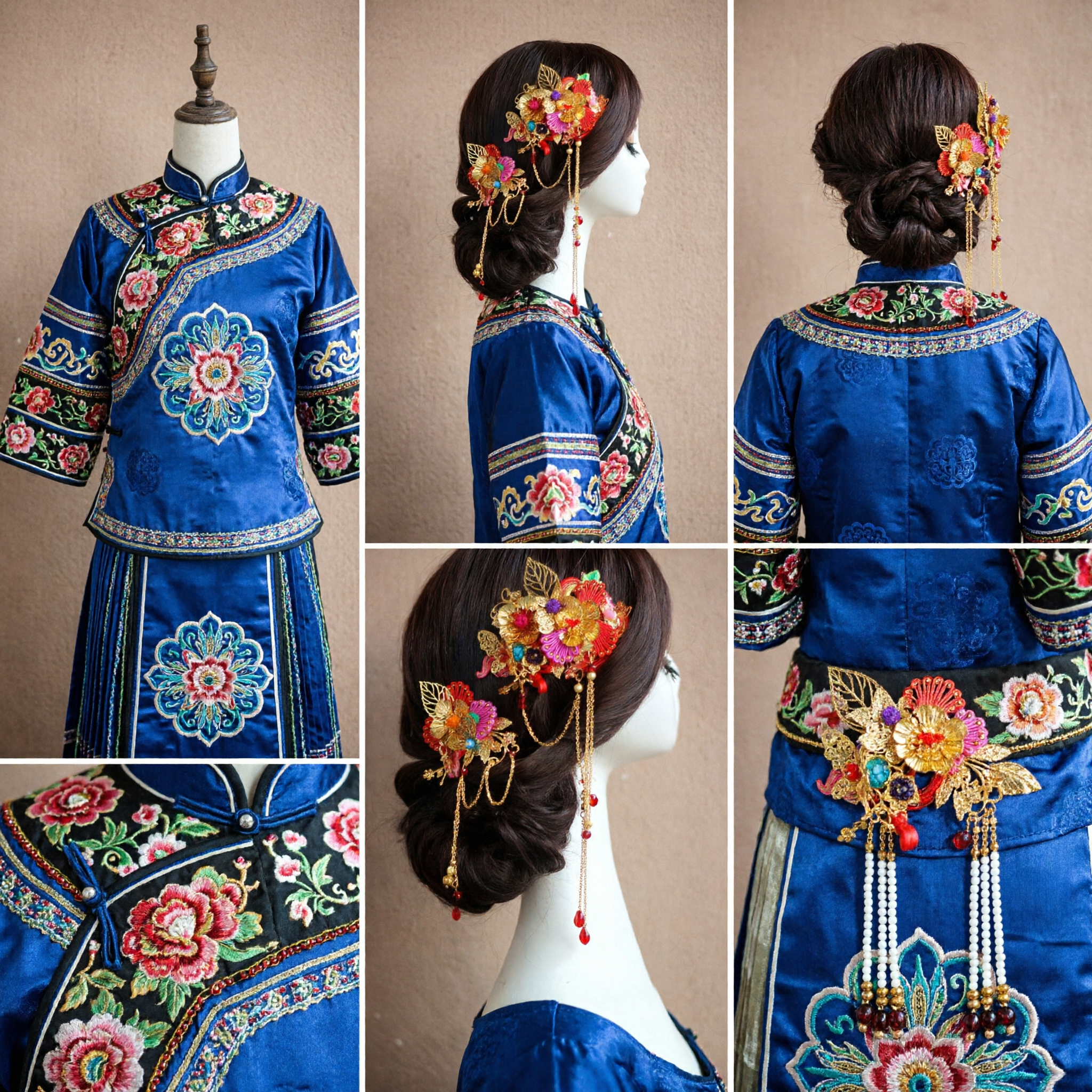 伝統的中国髪飾りセット 金花蝶かんざしと房飾り 漢服婚礼女性用 - Asian Costume