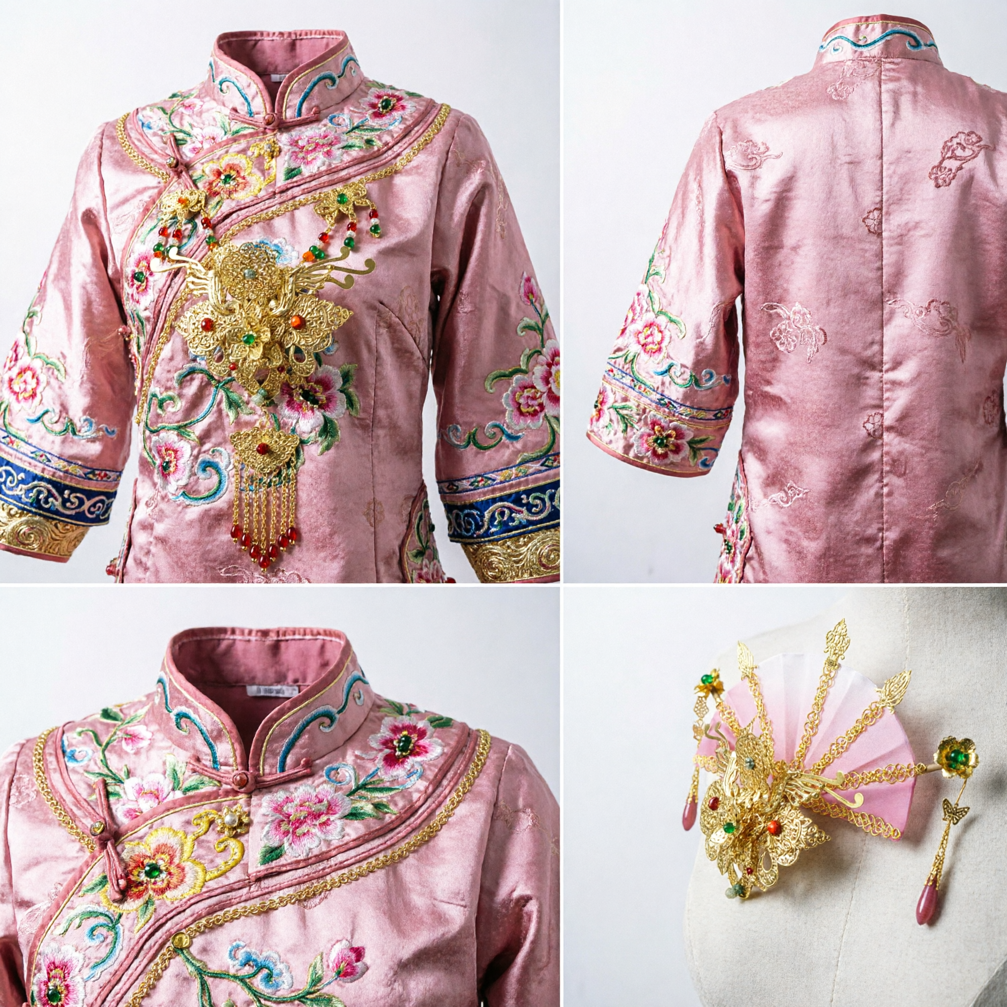 Juego de Horquillas Tradicionales Chinas Antiguas de Fénix Dorado con Abanico Rosa, Accesorios de Tocado Hanfu para Cosplay de Mujeres - Asian Costume