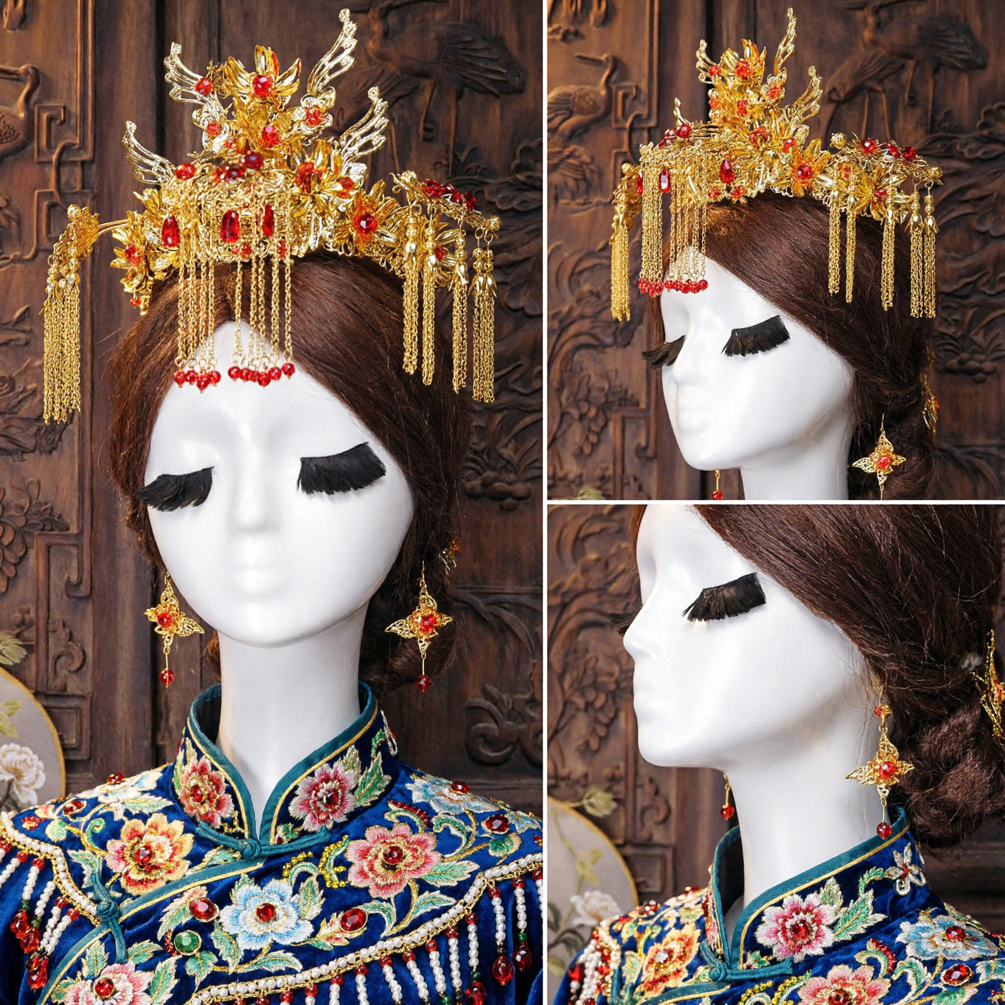 Accessoire capillaire couronne phénix de mariage chinois traditionnel - Élément de coiffe de mariée Hanfu de style palais ancien avec glands dorés pour femmes - Asian Costume