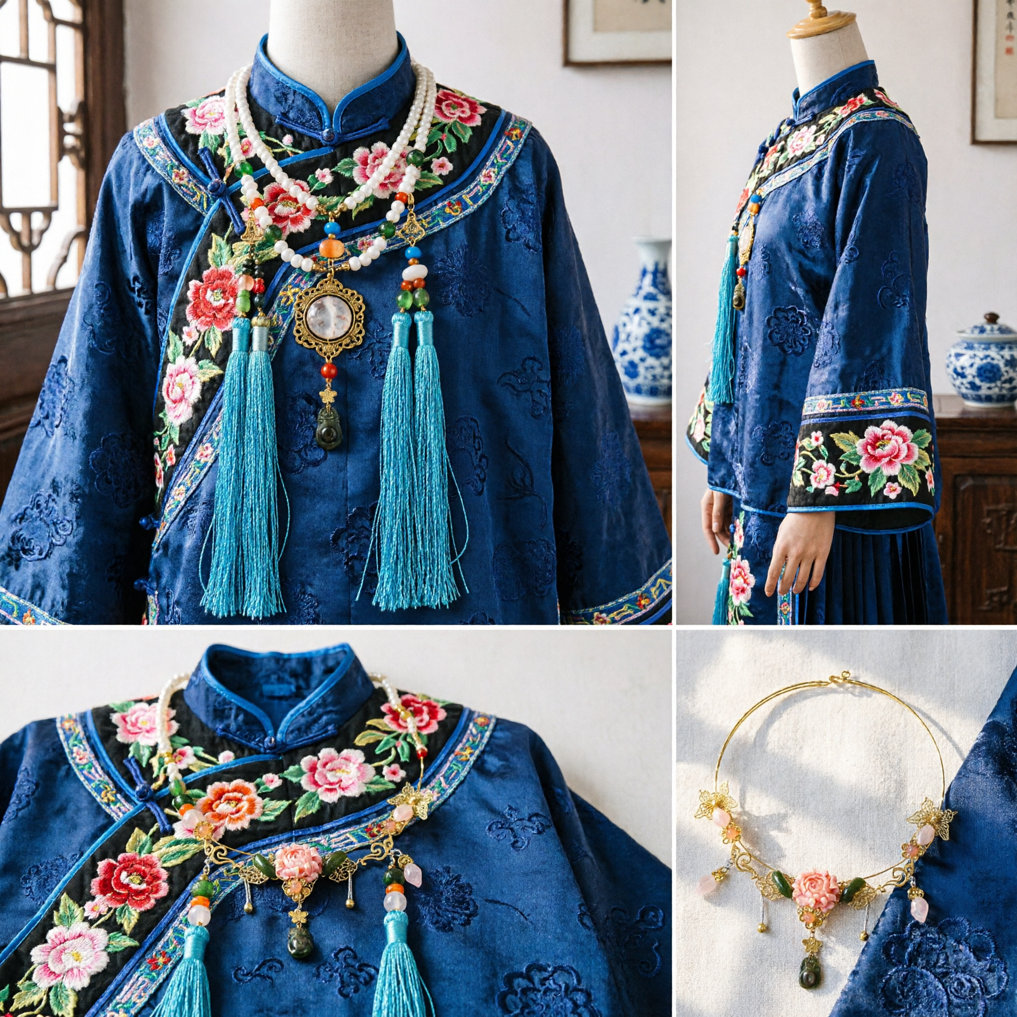 Forcina per capelli Hanfu tradizionale cinese, copricapo in filo dorato con fiore rosa e ornamenti di giada per spose nuziali - Asian Costume