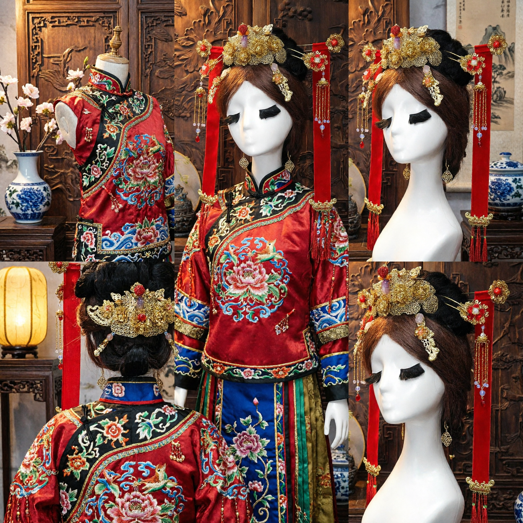 精巧な古代中国漢服ヘアアクセサリー 金冠 赤いリボン付き 伝統宮廷様式ヘッドピース 女性用ウェディングコスプレ - Asian Costume