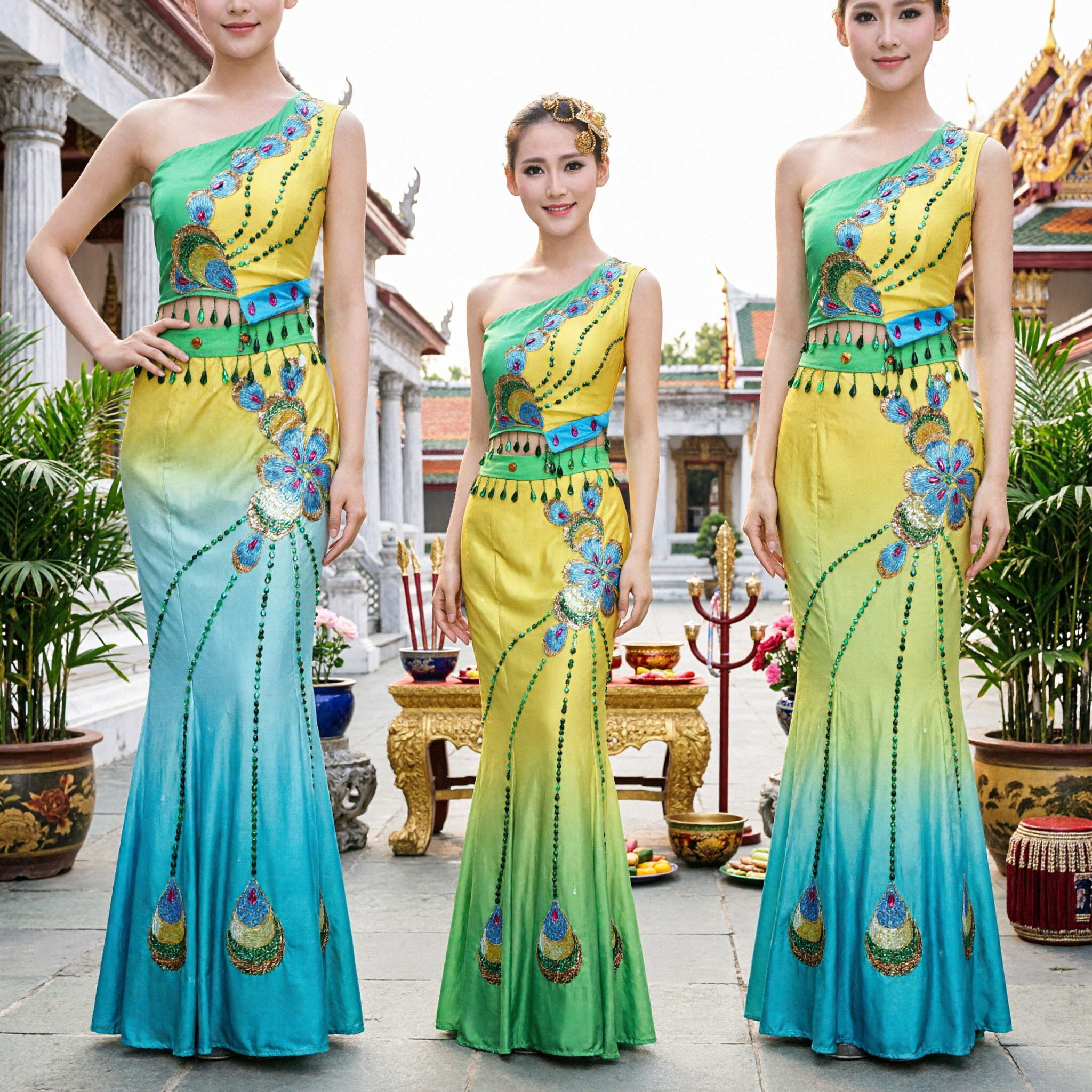 Traditional Chinese Dai Ethnic Peacock Dance Costume Yellow Green Gradient Stage Performance Dress for Women - Asian Costume