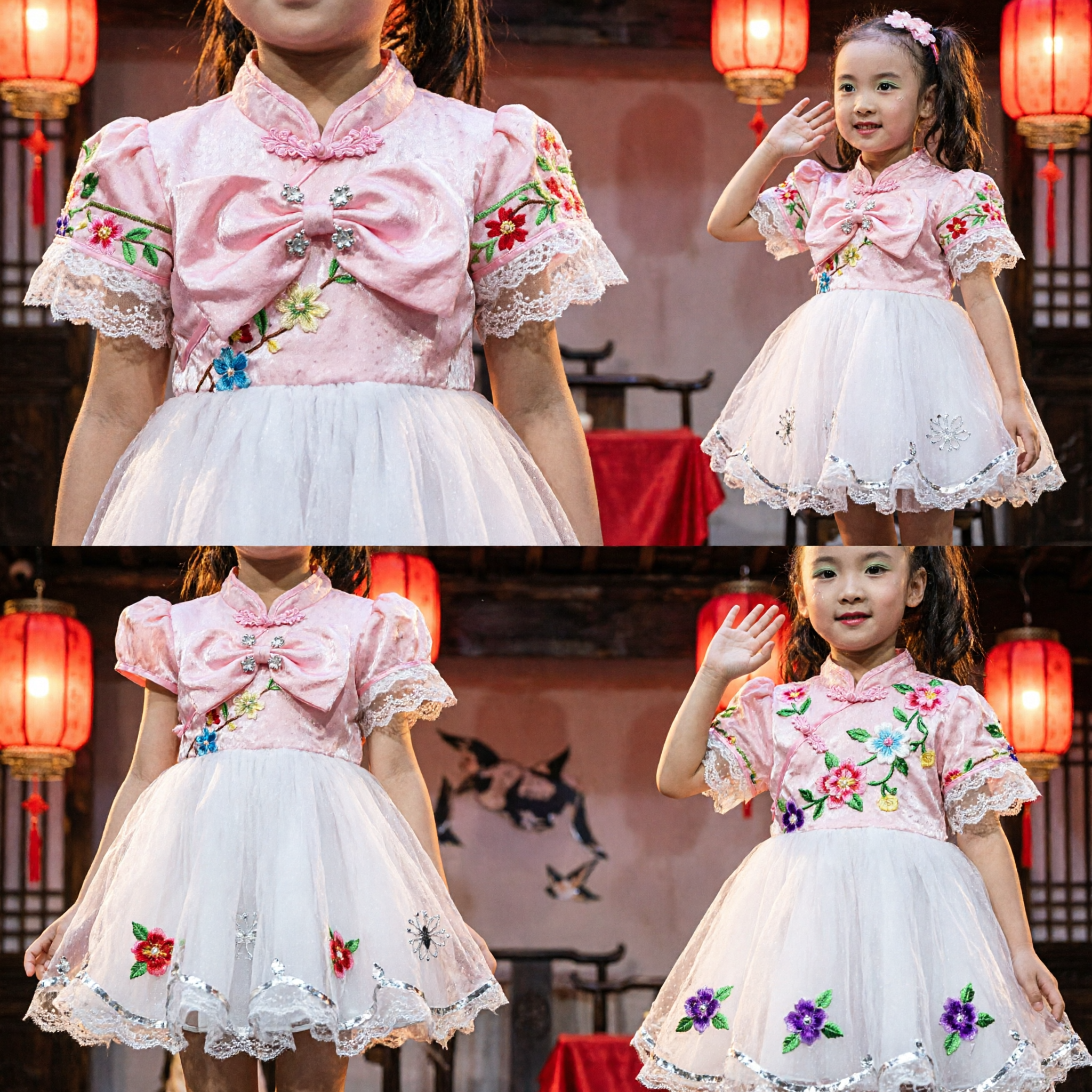 Mädchen Blumentanz Kostüm Rosa Grün Ärmel Weißer Tutu Rock Traditionelles Chinesisches Bühnenaufführung Outfit - Asian Costume