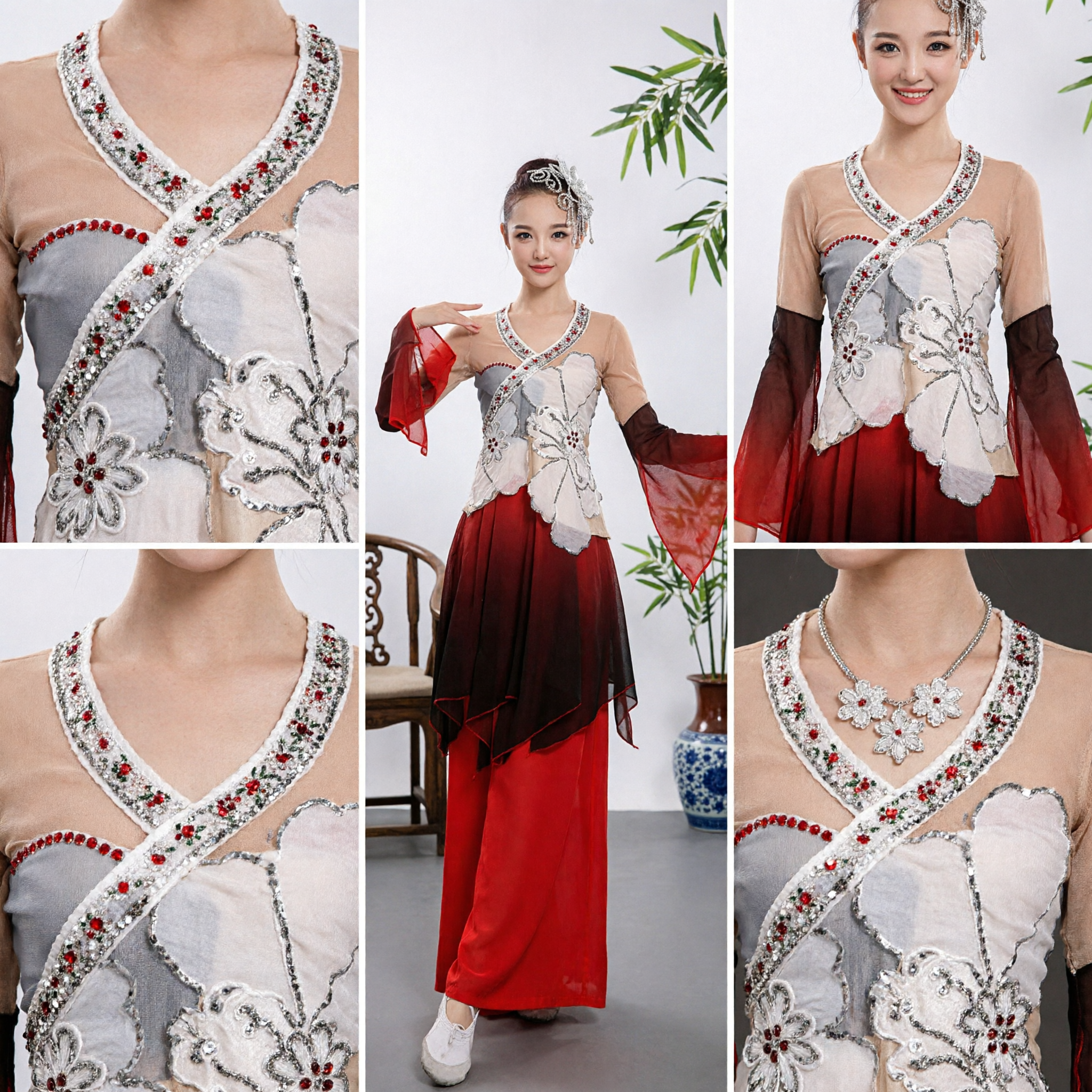 Costume de danse classique chinoise traditionnelle pour femmes Jupe à dégradé rouge et bustier floral pour spectacle sur scène - Asian Costume