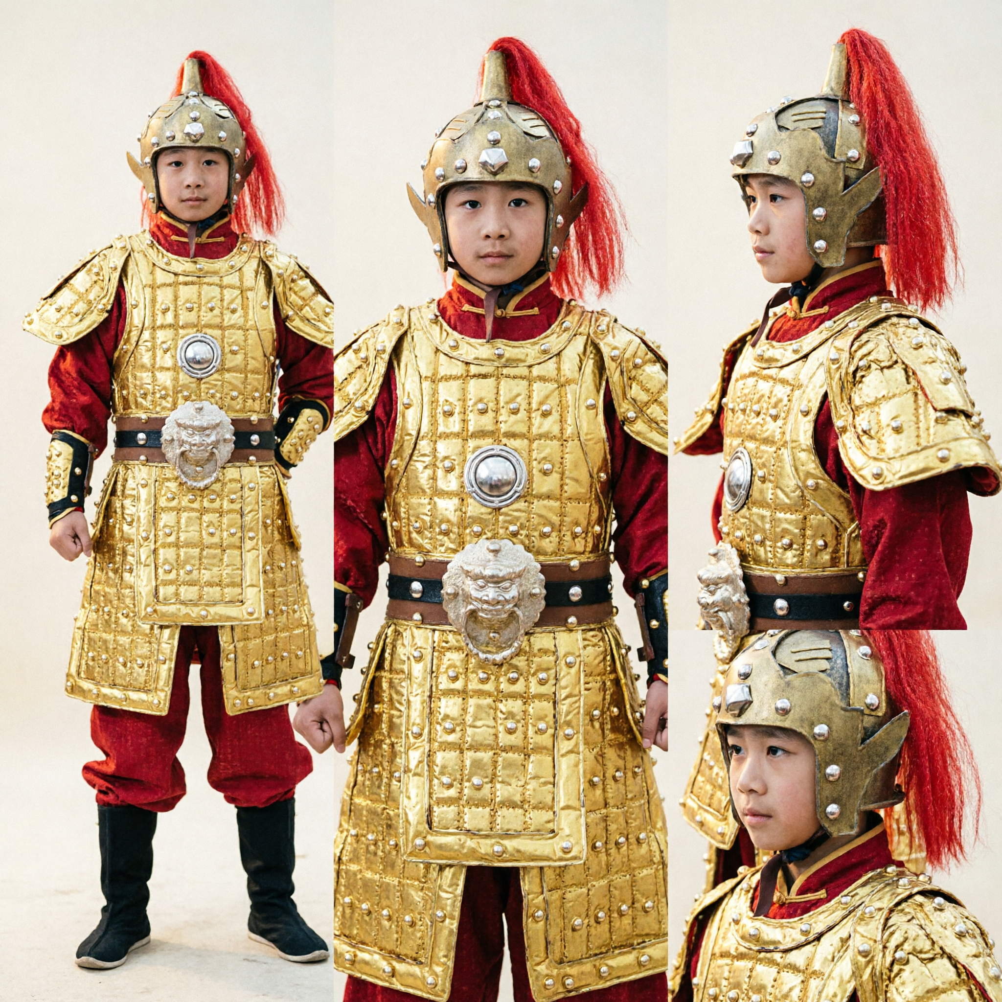 Traje de Armadura de General Chino Tradicional para Niños Conjunto de Guerrero Dorado para Actuaciones en Escenario - Asian Costume