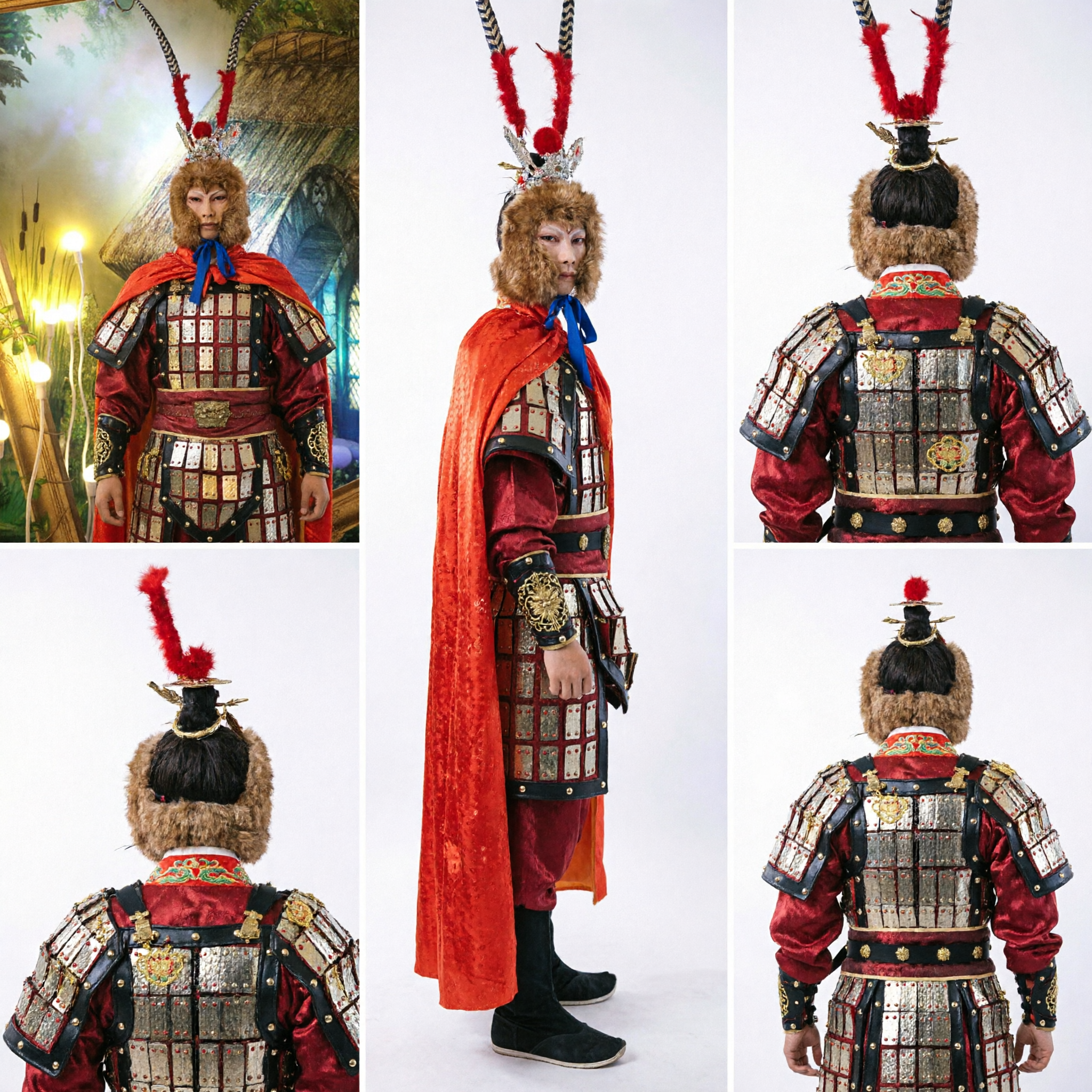 Costume de cosplay Sun Wukong le Roi Singe du Voyage vers l'Ouest avec armure traditionnelle et cape rouge pour adultes - Asian Costume