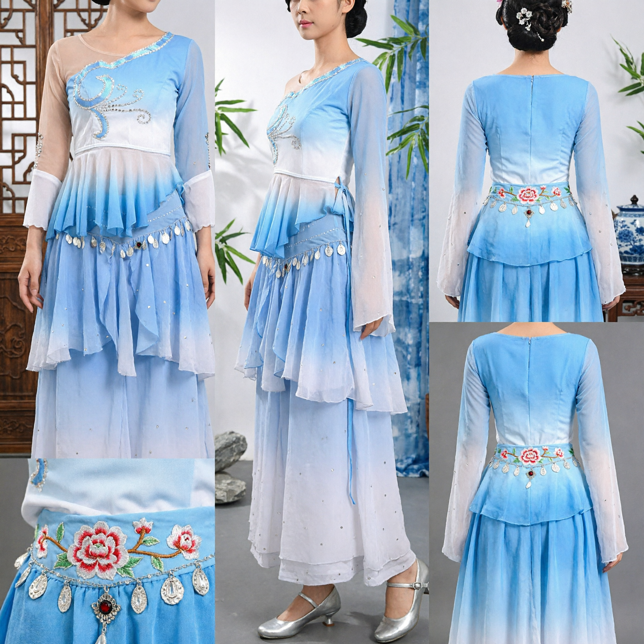 Blue Gradient Chinese Classical Folk Dance Costume Traditional Yangko Performance Dress for Women Stage Show - Asian Costume