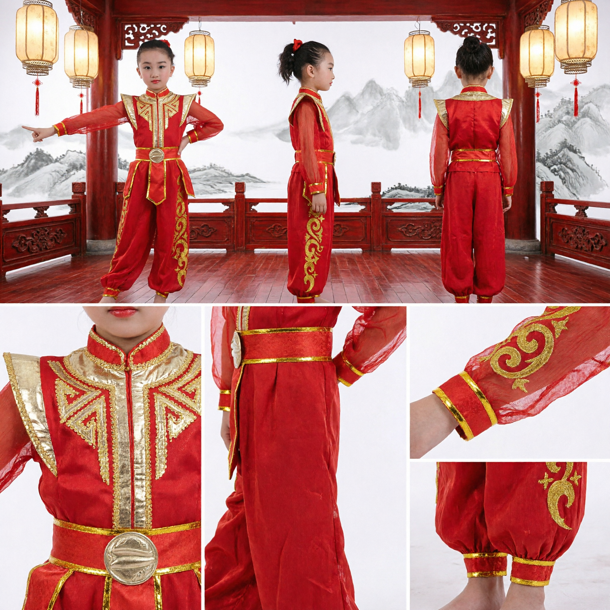 Costume de kung fu traditionnel chinois rouge pour filles enfants Tenue de danse d'arts martiaux Wushu pour spectacle sur scène - Asian Costume