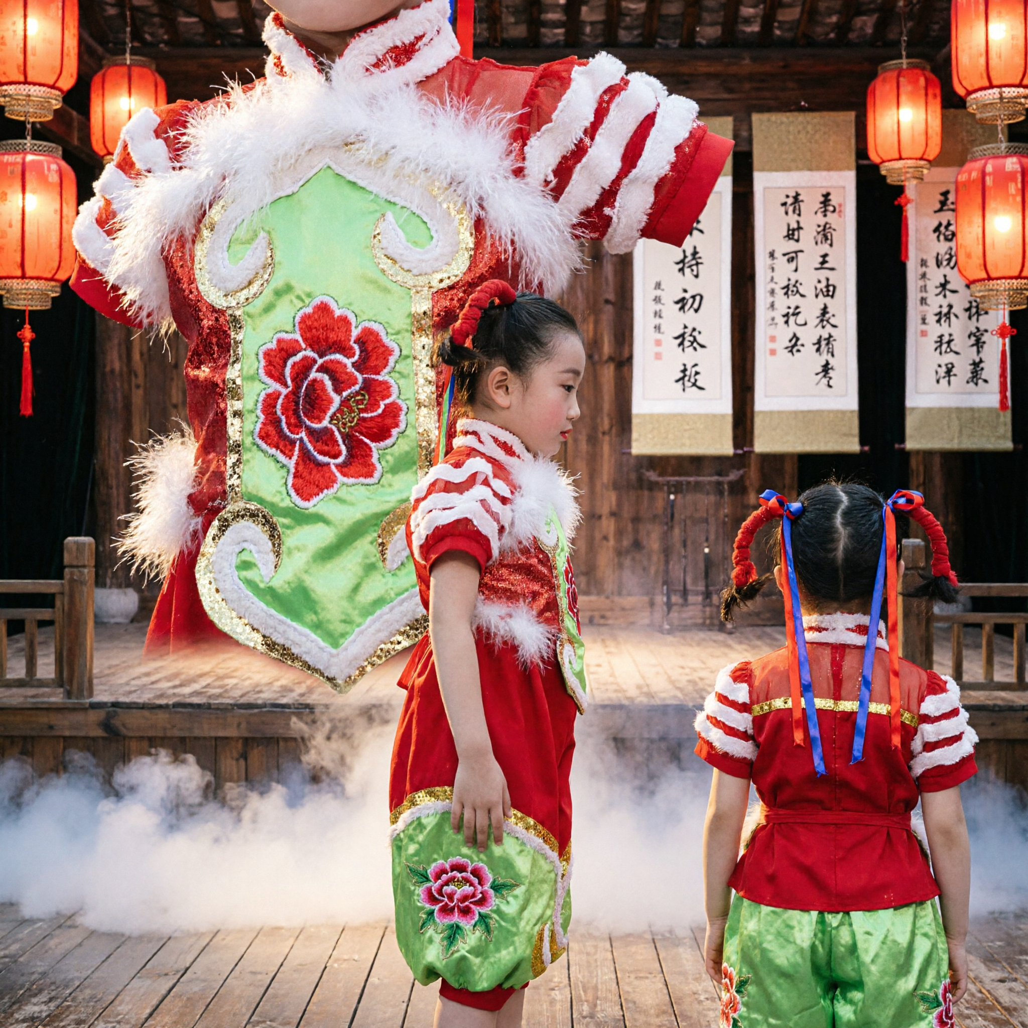 Traje de Dança Folclórica Chinesa Tradicional para Meninas Conjunto de Performance de Boneca do Festival da Primavera Vermelho e Verde - Asian Costume