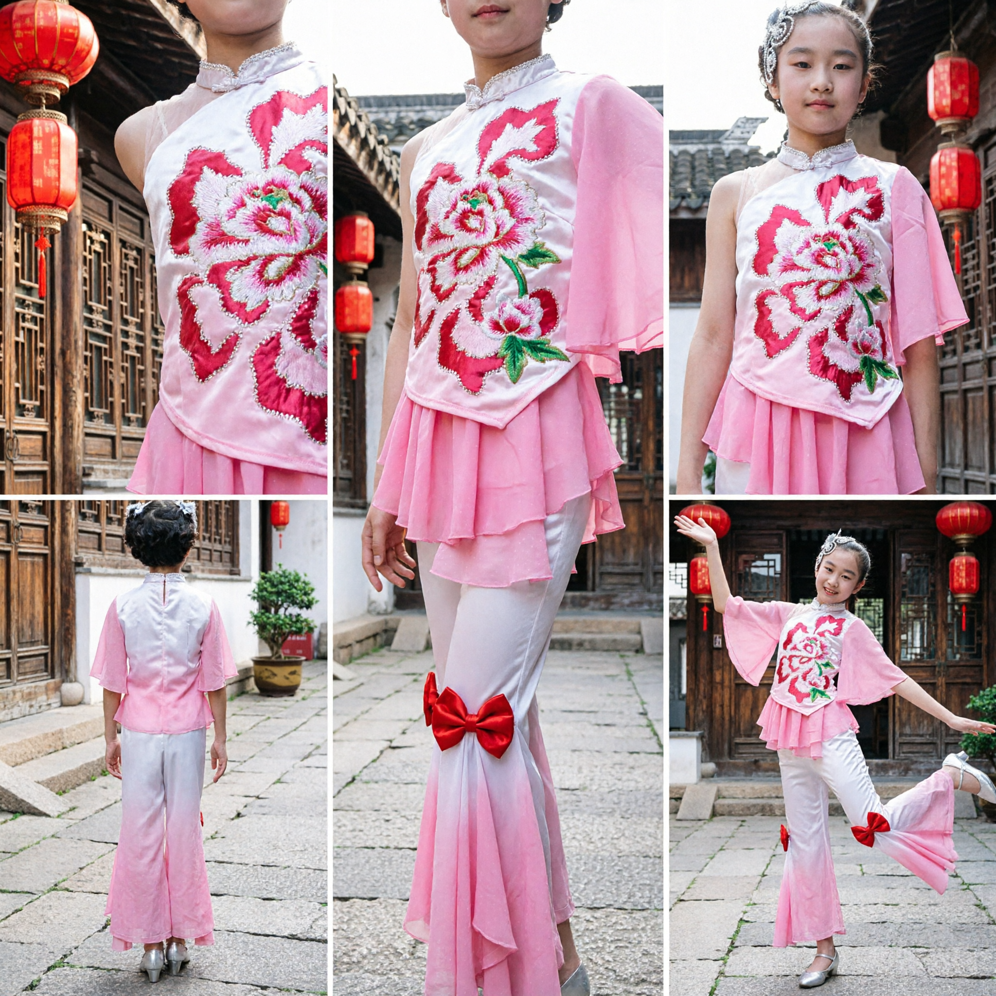 Traje de Dança Folclórica Chinesa para Meninas Rosa e Branco Vestido Tradicional de Dança Yangge com Leque Conjunto de Performance no Palco para Crianças - Asian Costume
