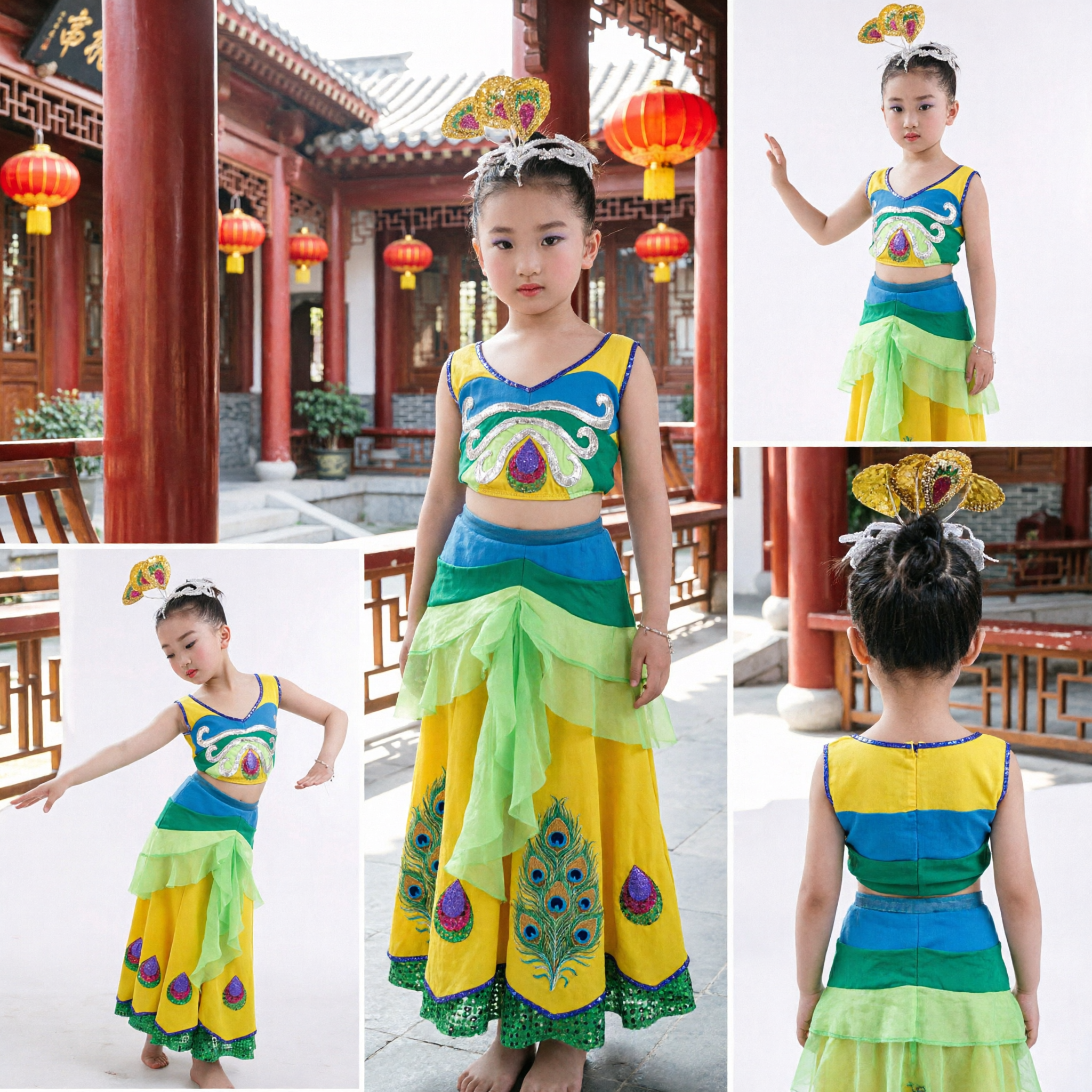 Costume de danse du paon Dai chinois traditionnel pour filles enfants Tenure de spectacle sur scène jaune et verte - Asian Costume