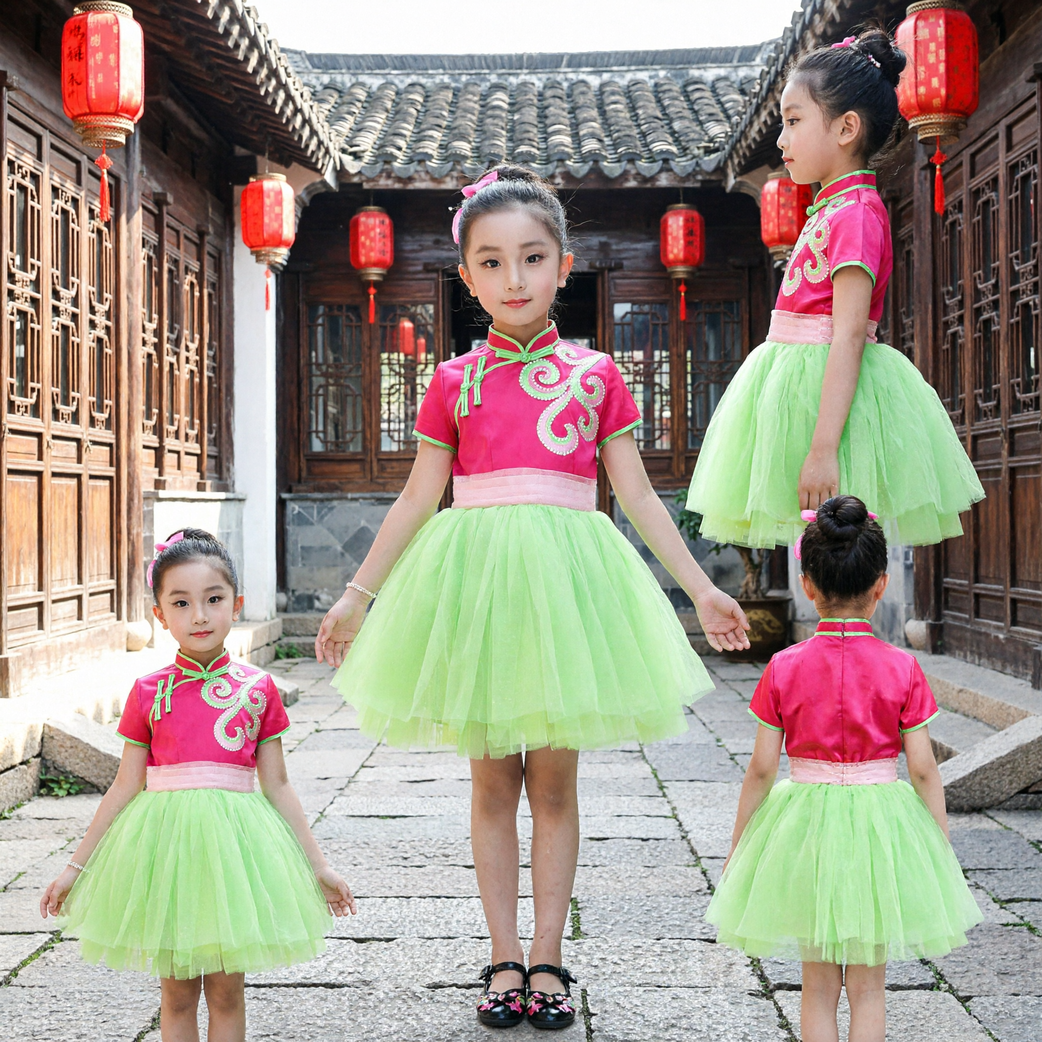 Kinderen Traditioneel Chinees Danskostuum Meisjes Roze Cheongsam Top Groene Tutu Rok Waaiersdans Optreden Jurk - Asian Costume