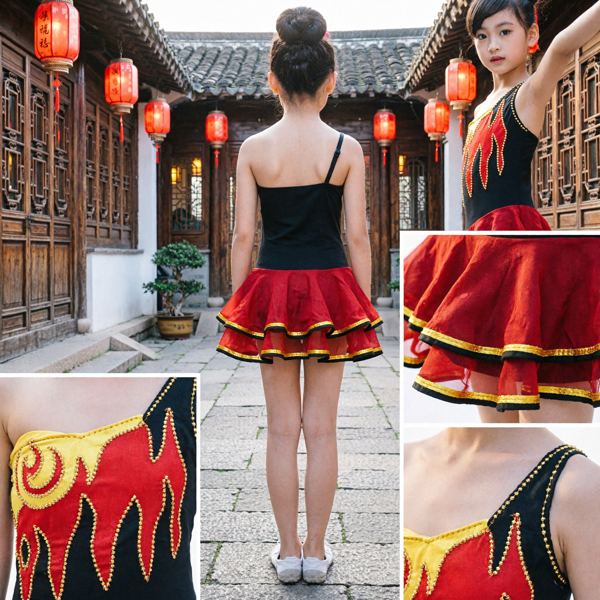 Mädchen Lateintanzkleid Rot Schwarz Flammen-Design Kinder Gesellschaftstanz Auftrittskostüm Vortrags-Outfit - Asian Costume