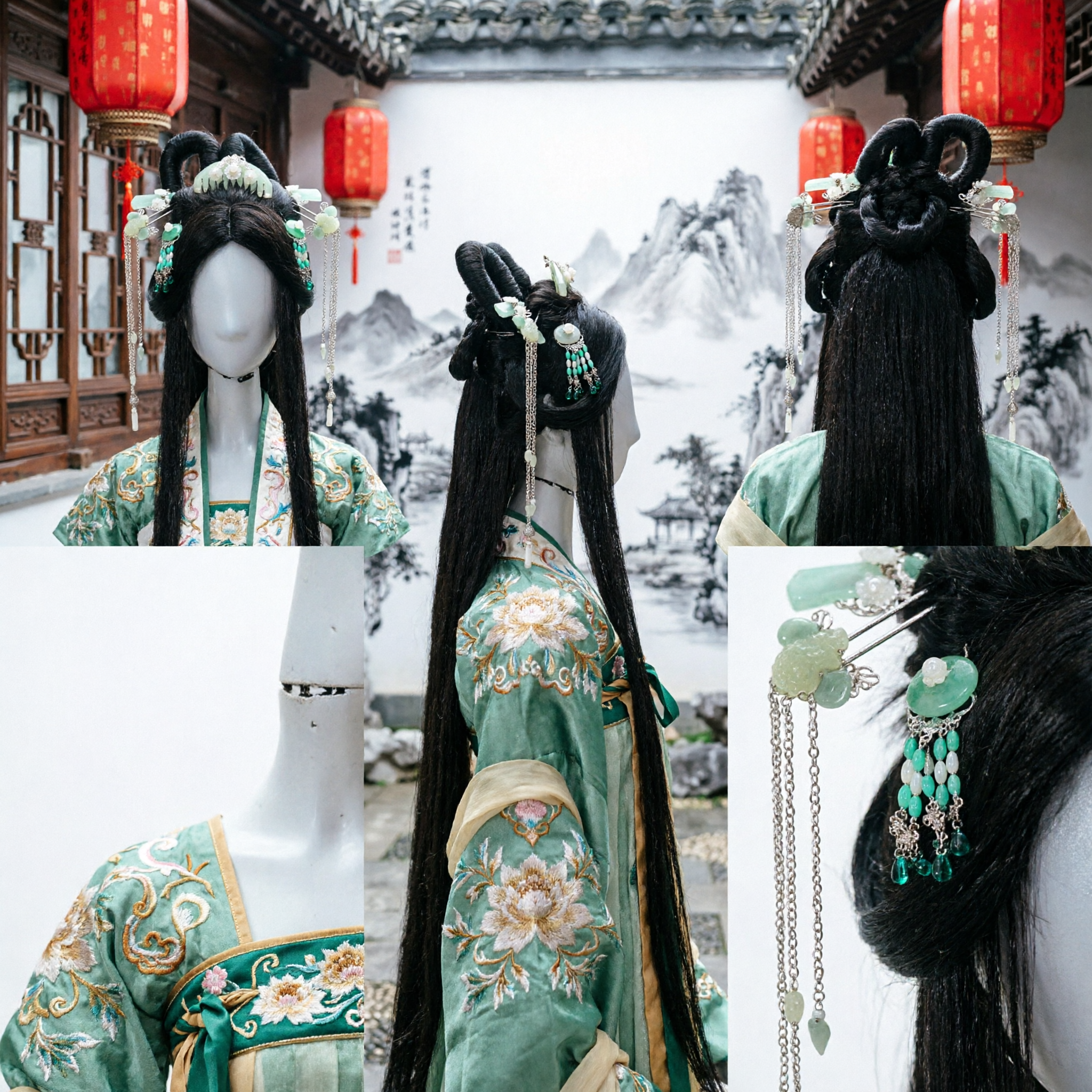 Traditionele Oud Chinese Hanfu Pruikset met Groene Jade Haaraccessoires voor Vrouwen Cosplay Optreden - Asian Costume