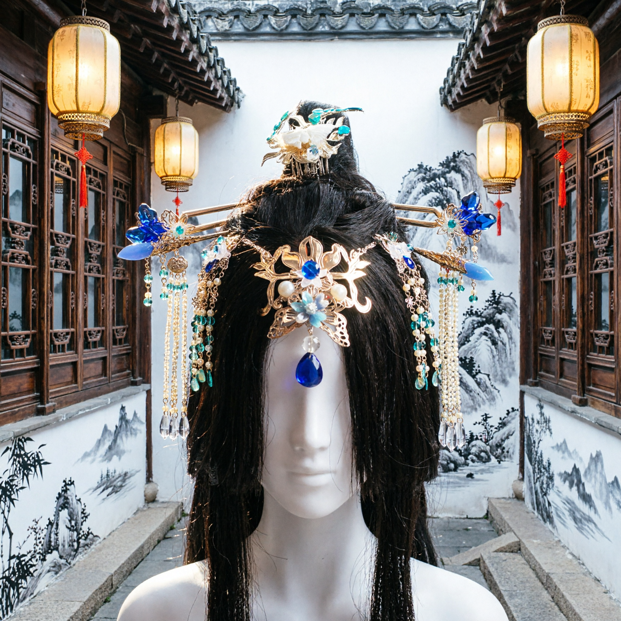 Set Fermagli Capelli Blu Antico Cinese, Accessorio Testa Hanfu Tradizionale Stile Palazzo, Gioielli Capelli per Cosplay e Matrimonio Femminile - Asian Costume