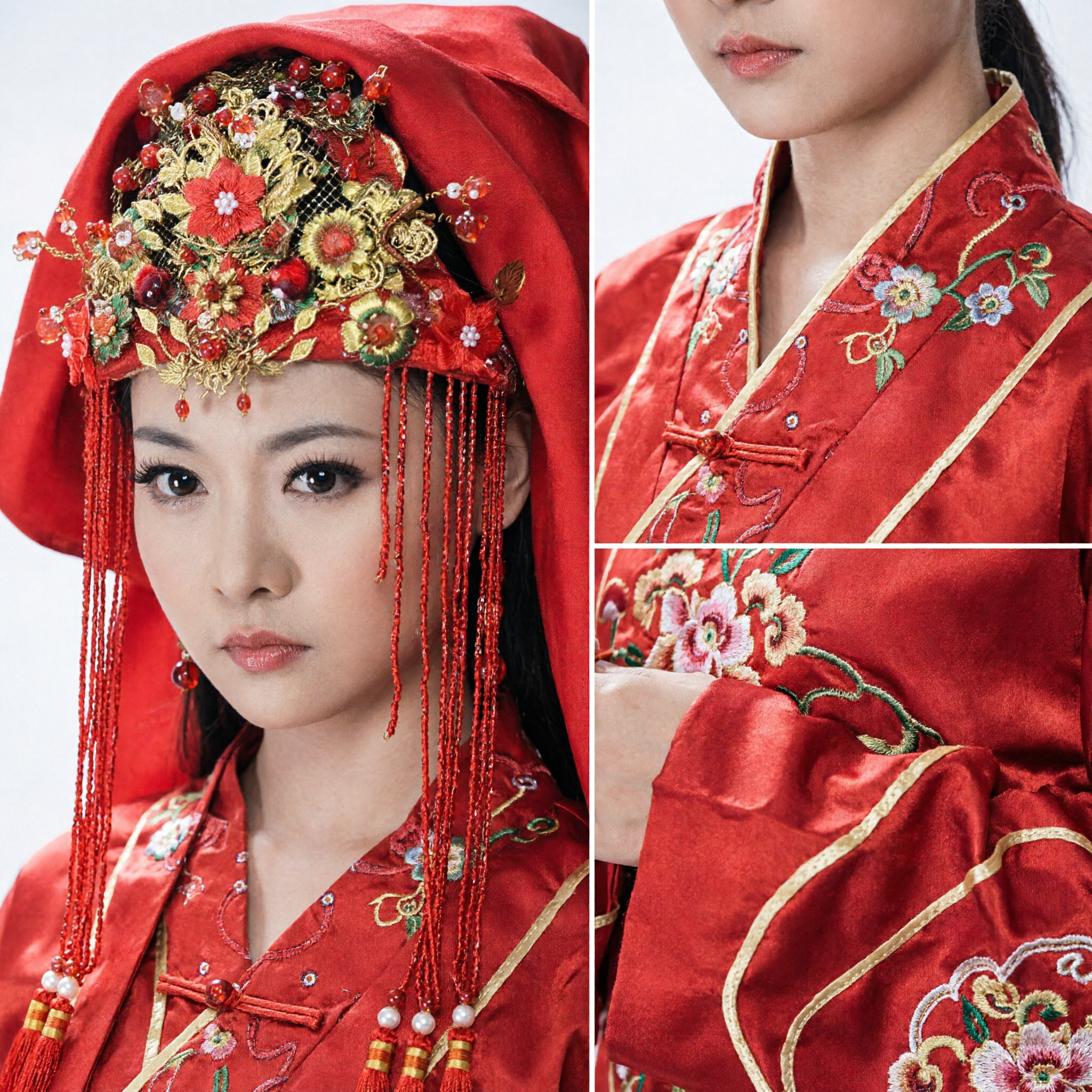 Copricapo da Sposa Nuziale Cinese Tradizionale Corona della Fenice Rossa Accessorio per Capelli Dorato con Velo per Cosplay Hanfu - Asian Costume