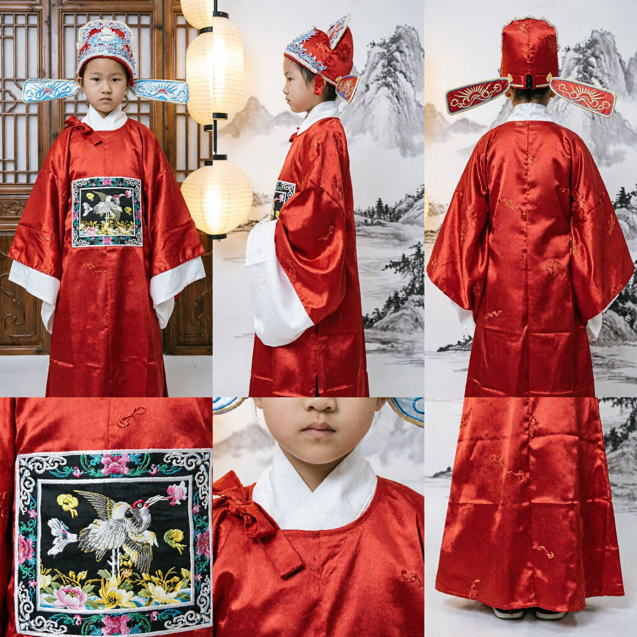 Traditioneel Chinese Oude Geleerdenkostuum voor Kinderen Jongens Rode Mantel Ambtshoed Set Podiumoutfit - Asian Costume