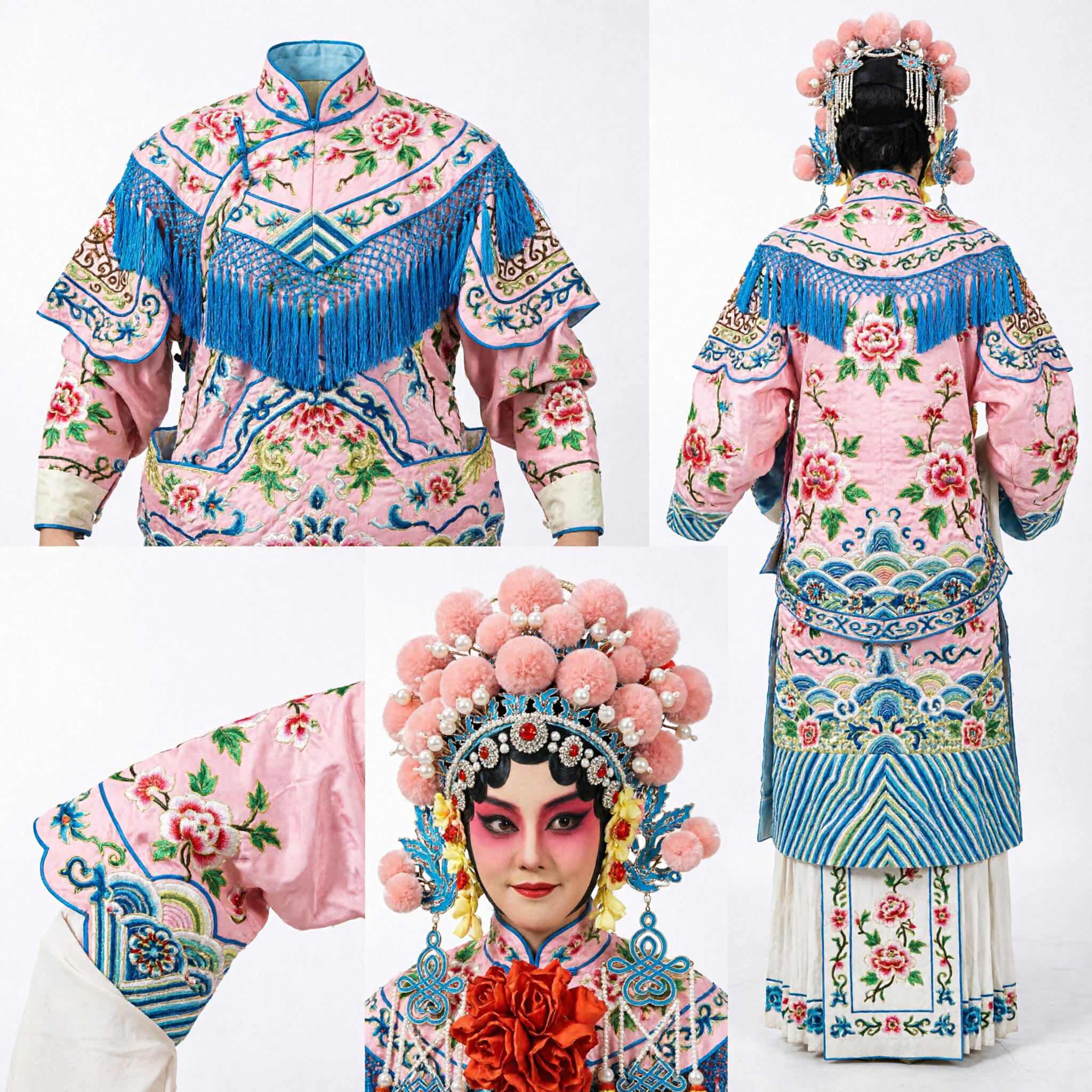 Set Completo Costume da Guerriera dell'Opera di Pechino Veste Ricamata, Copricapo e Bandiere per Donne per Spettacoli - Asian Costume