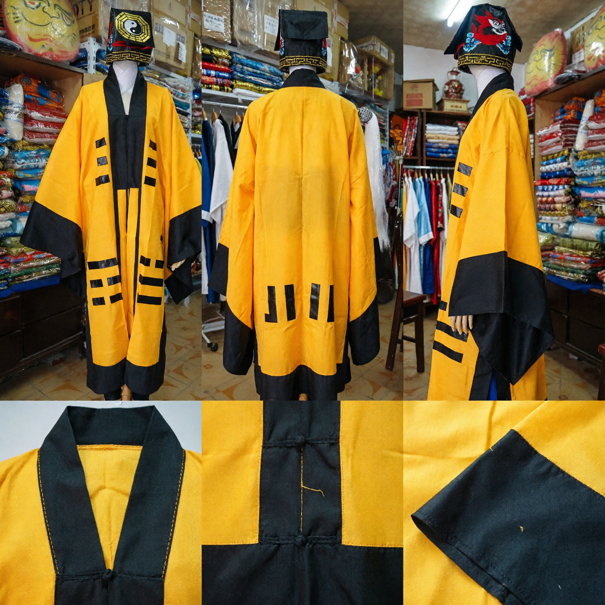 Traditional Chinese Taoist Priest Yellow Robe Costume Set with Bagua Hat for Men Rituals Performances - Asian Costume