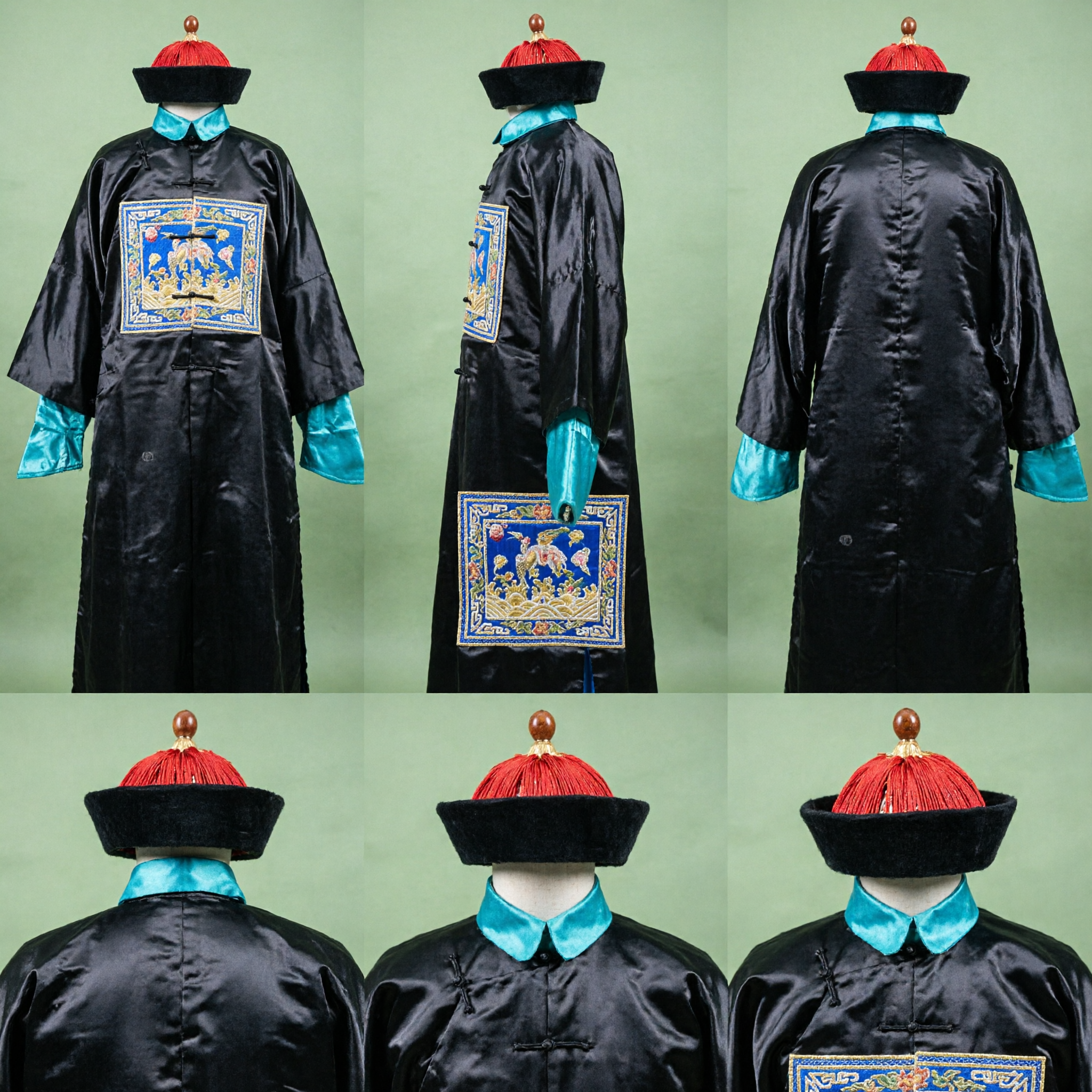 Qing Dynasty Official Robe Traditional Chinese Costume Black Mandarin Square Outfit with Hat for Men - Asian Costume