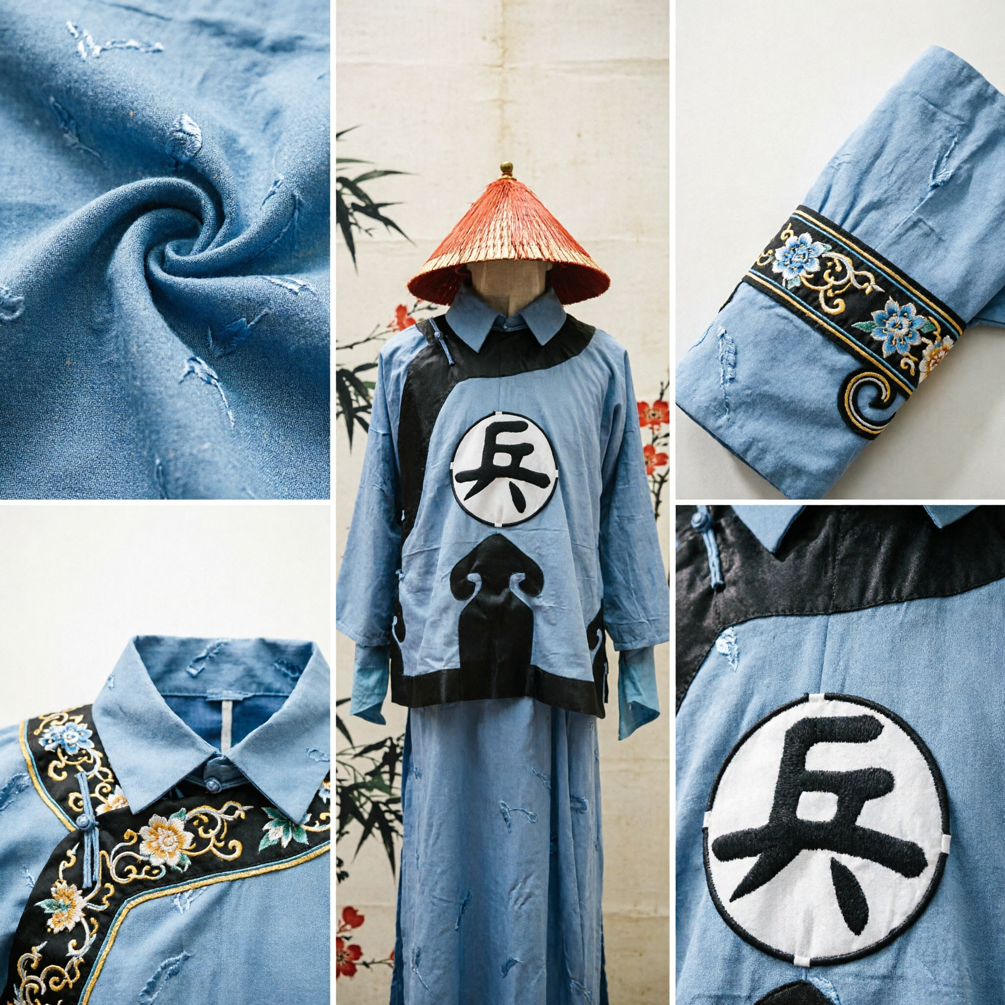 Men's Ancient Chinese Soldier Cosplay Costume Qing Dynasty Military Uniform Robe and Hat Set - Asian Costume