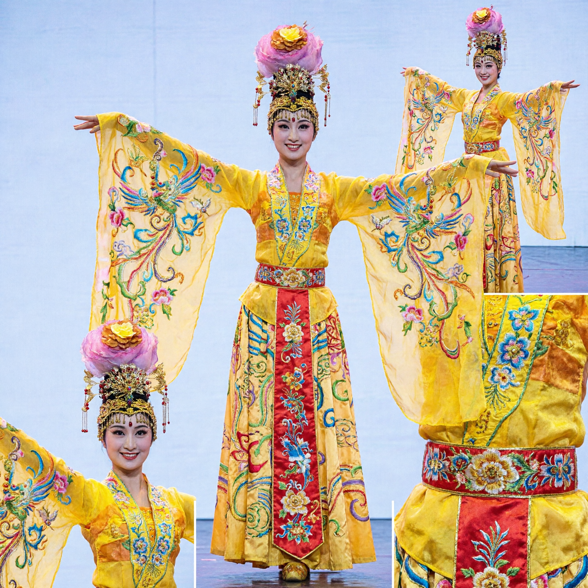 Traditional Chinese Classical Dance Costume Yellow Phoenix Embroidery Water Sleeves Dress and Headdress for Women Stage Performance - Asian Costume