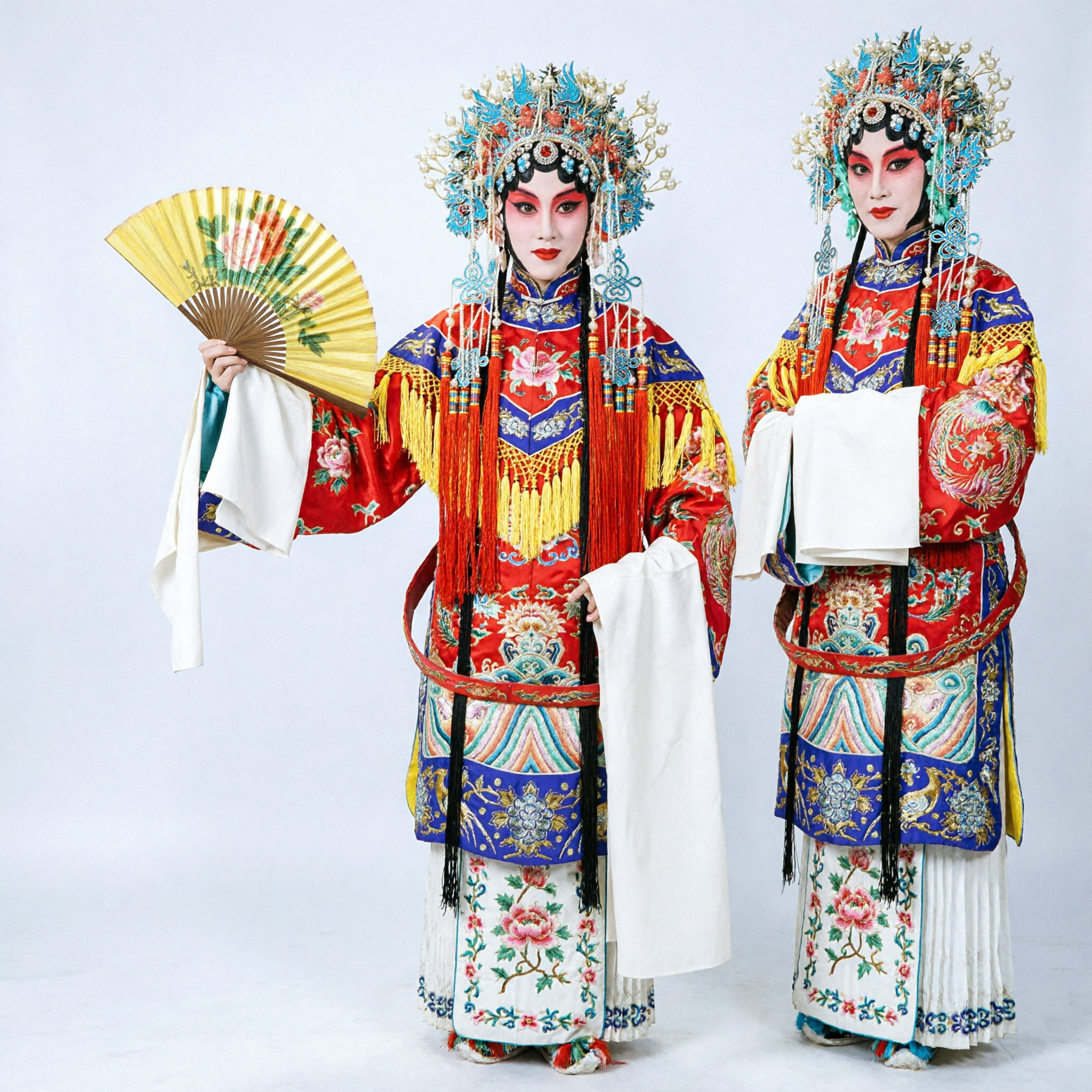 Traditional Chinese Peking Opera Costume Complete Set with Embroidered Robe Phoenix Headdress and Fan for Performance - Asian Costume