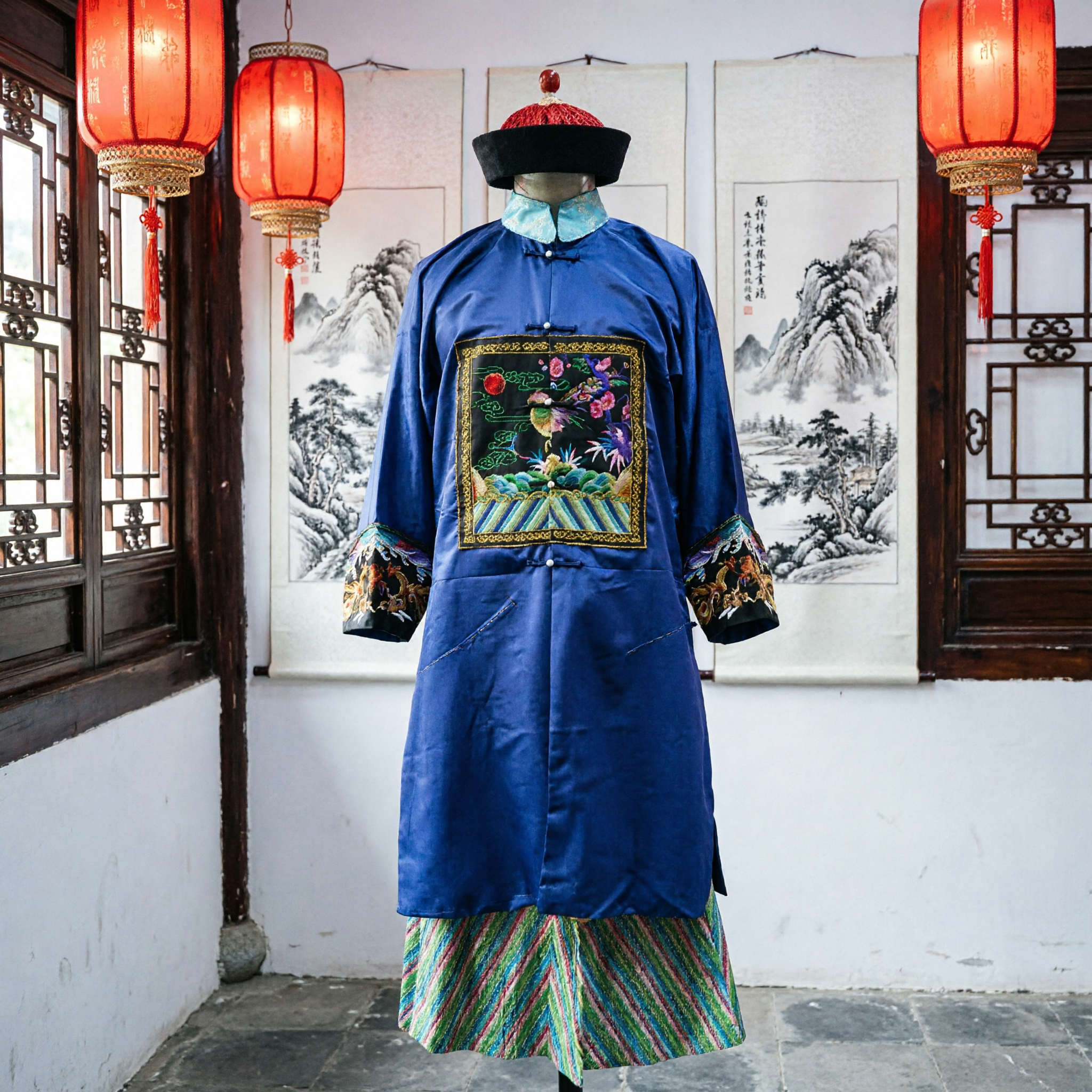 Robe bleue d'officiel civil de la dynastie Qing traditionnelle avec carré mandarin à grue Costume historique pour hommes - Asian Costume