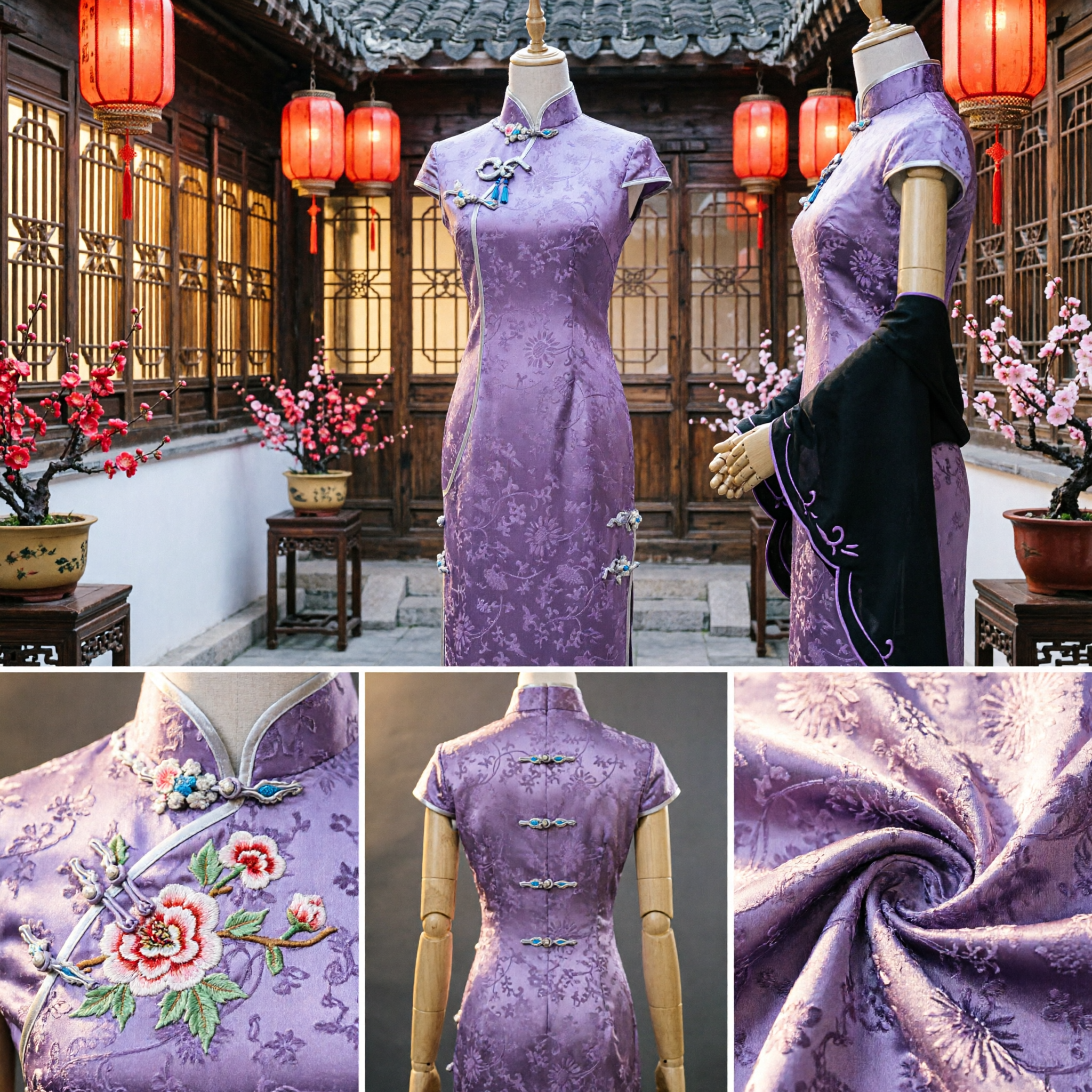 Vestido de Seda Púrpura Tradicional Qipao Cheongsam con Chal Negro Bordado para Mujer, para Bodas y Actuaciones - Asian Costume