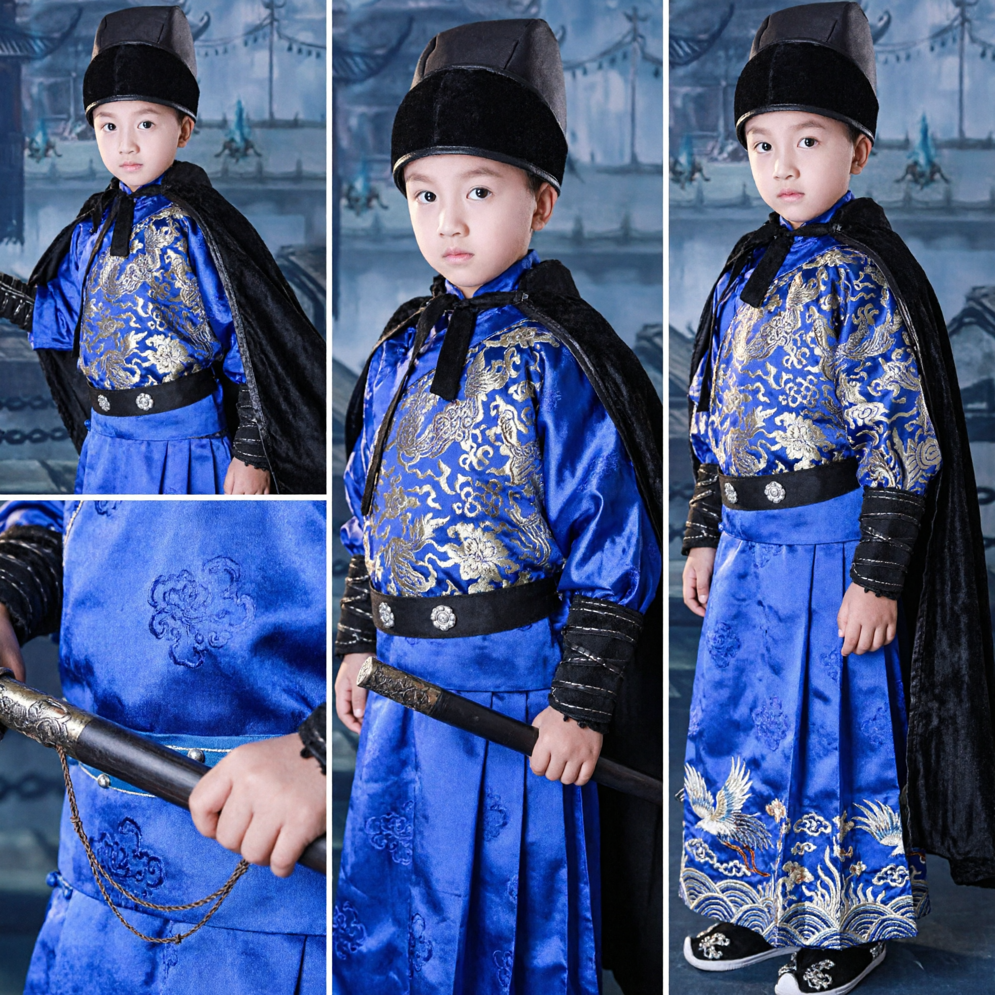 Traje de Cosplay de Guarda Imperial Jin Yi Wei da Dinastia Ming Chinês Tradicional para Meninos Robe Azul com Capa - Asian Costume