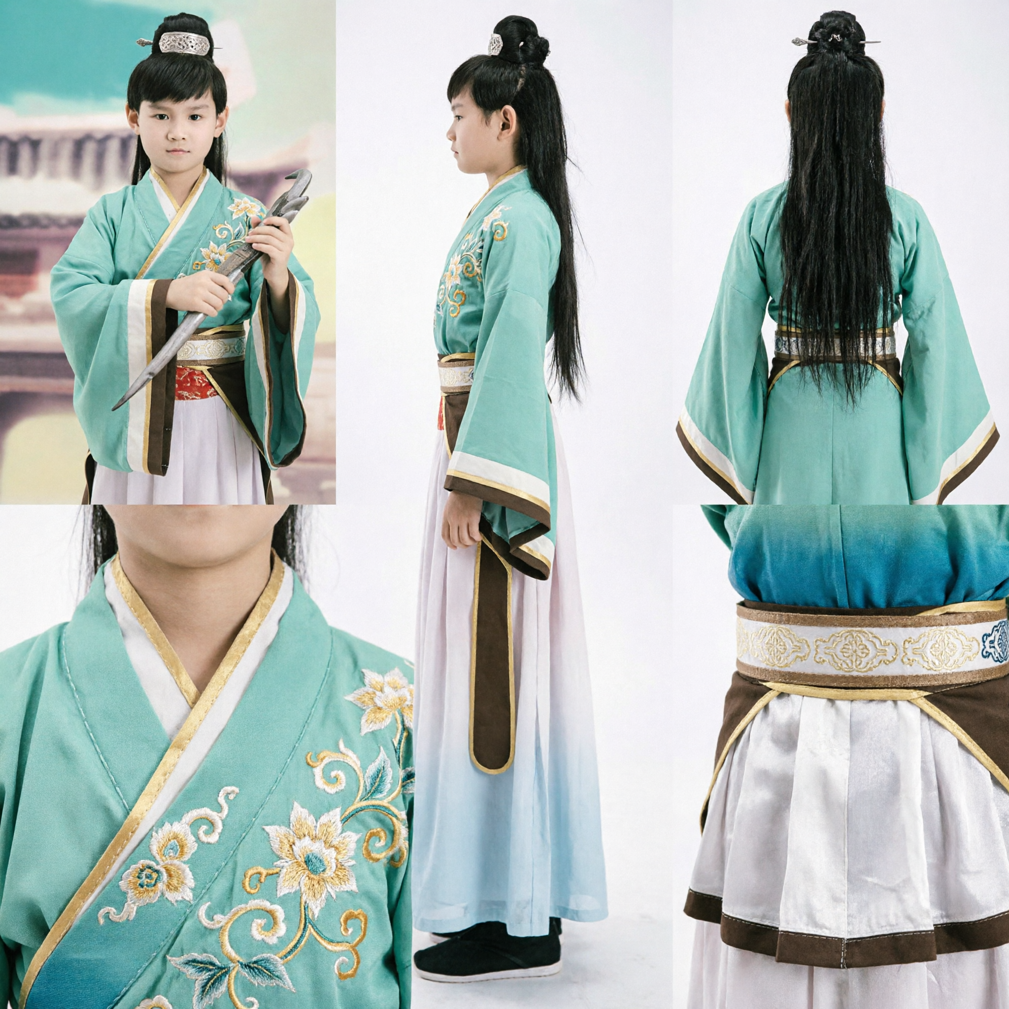 어린이 남아 고대 중국 검객 한푸 의상 전통 녹색 로브 코스프레 공연복 - Asian Costume