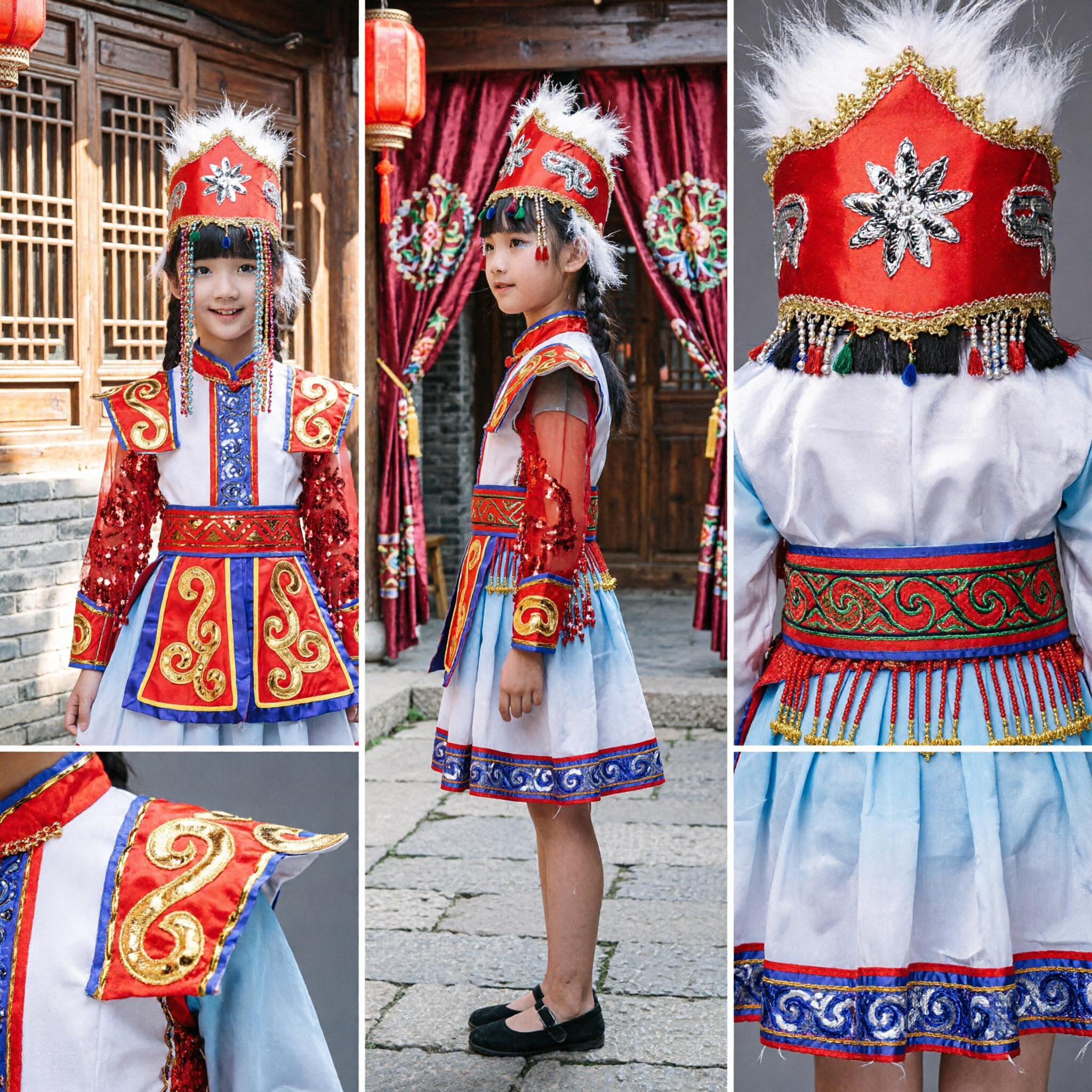 Traje de Dança Mongol Tradicional Vestido de Performance Étnica Chinesa para Meninas Conjunto Vermelho com Lantejoulas - Asian Costume