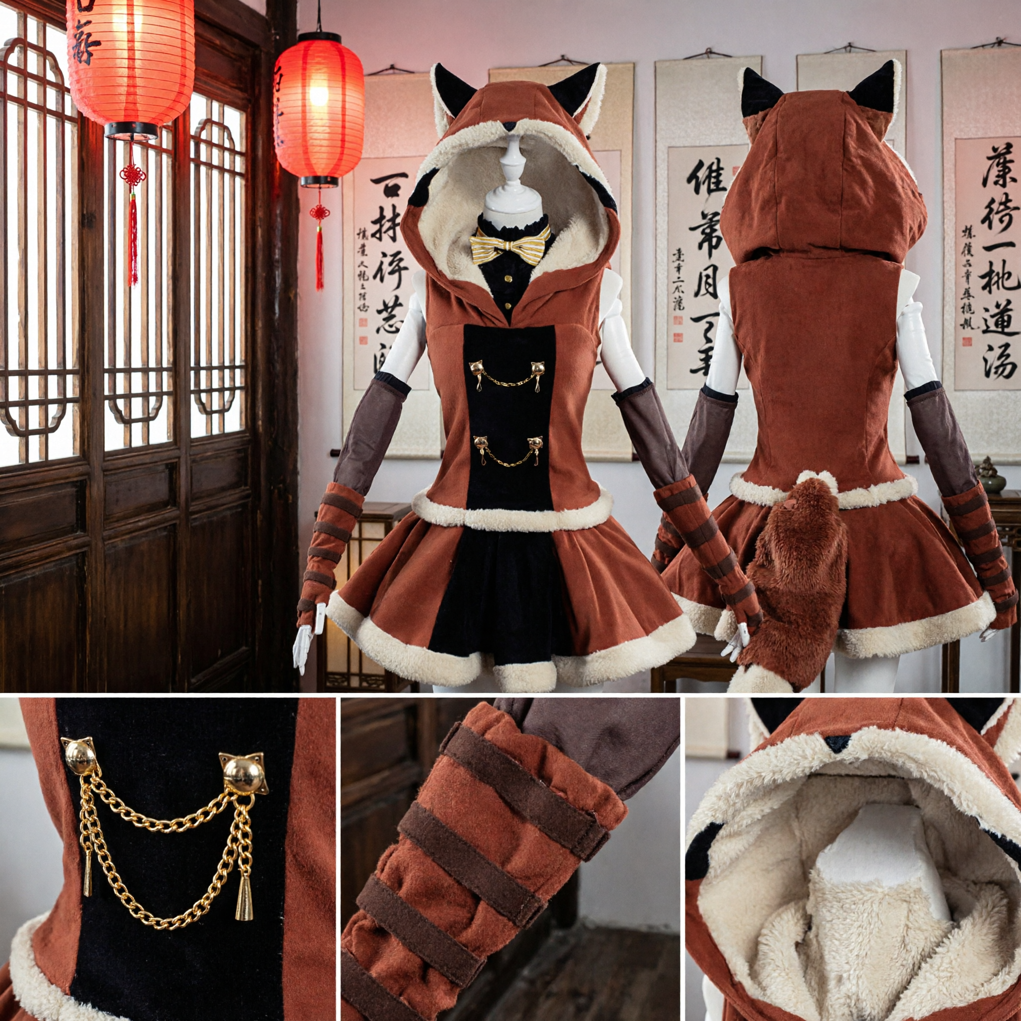 Traje de Cosplay de Doncilla Zorra de Anime, Vestido Marrón con Capucha y Orejas, Juego Completo para Mujeres en Halloween - Asian Costume