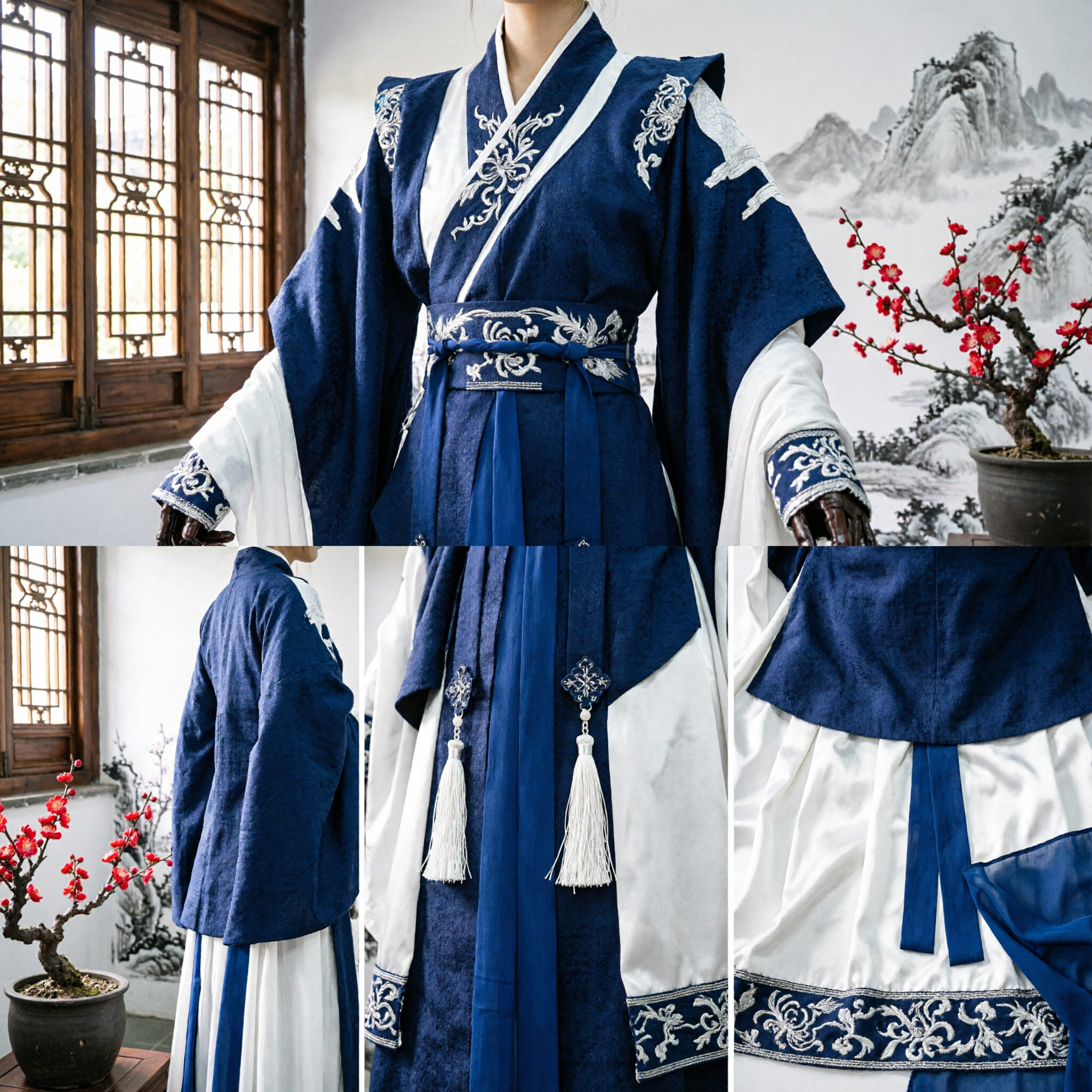 Men's Traditional Chinese Hanfu Costume Ancient Blue Embroidered Scholar Robe Wuxia Cosplay Complete Set - Asian Costume