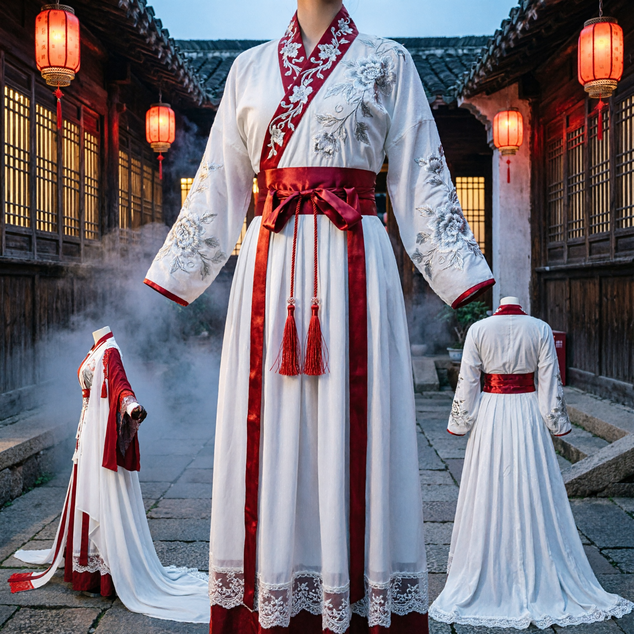 Costume de cosplay de princesse ancienne Hanfu chinois traditionnel rouge et blanc pour femmes avec manches larges - Asian Costume