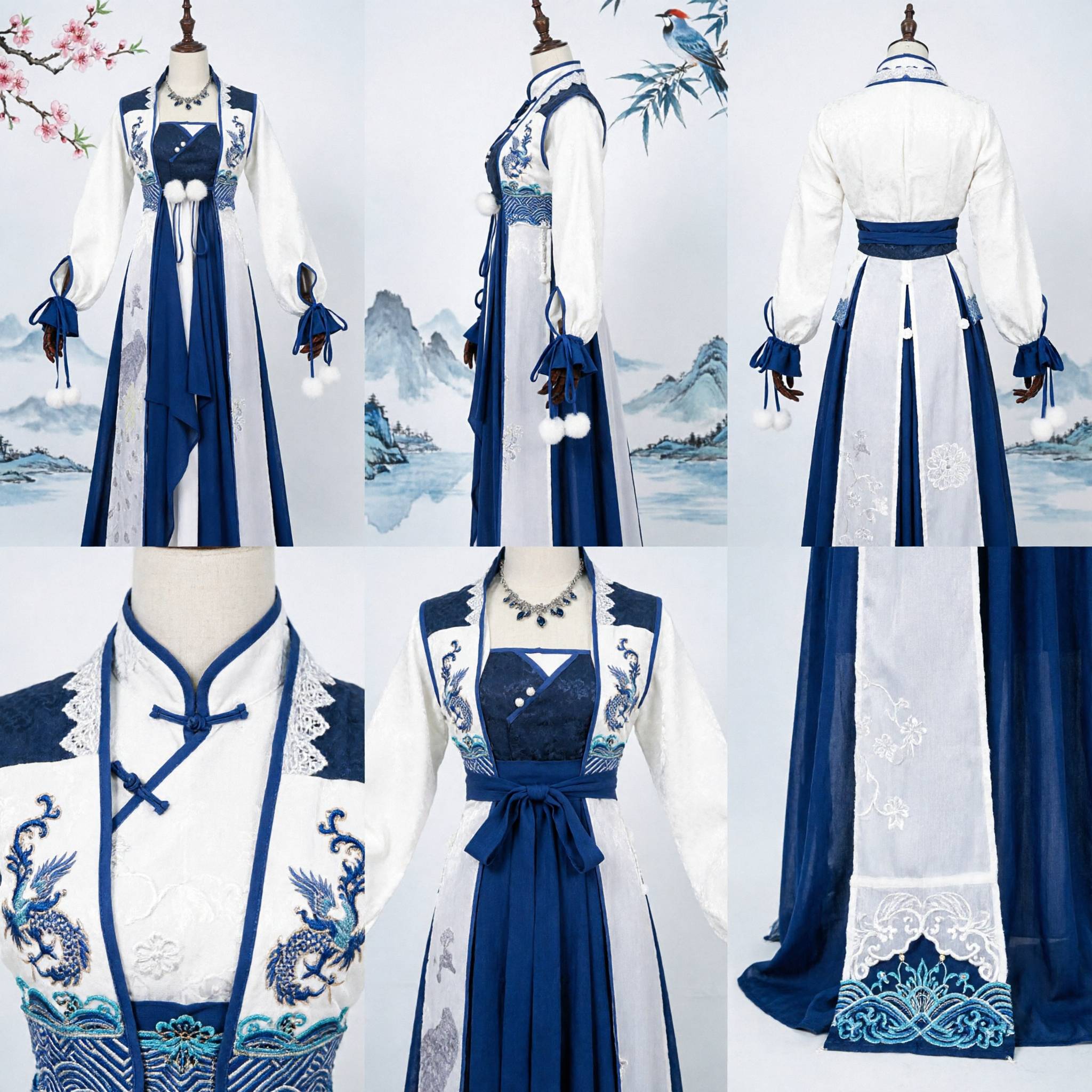 Elegante Vestido Hanfu Tradicional Chino Azul y Blanco, Traje de Hada Invernal Bordado para Mujeres - Asian Costume