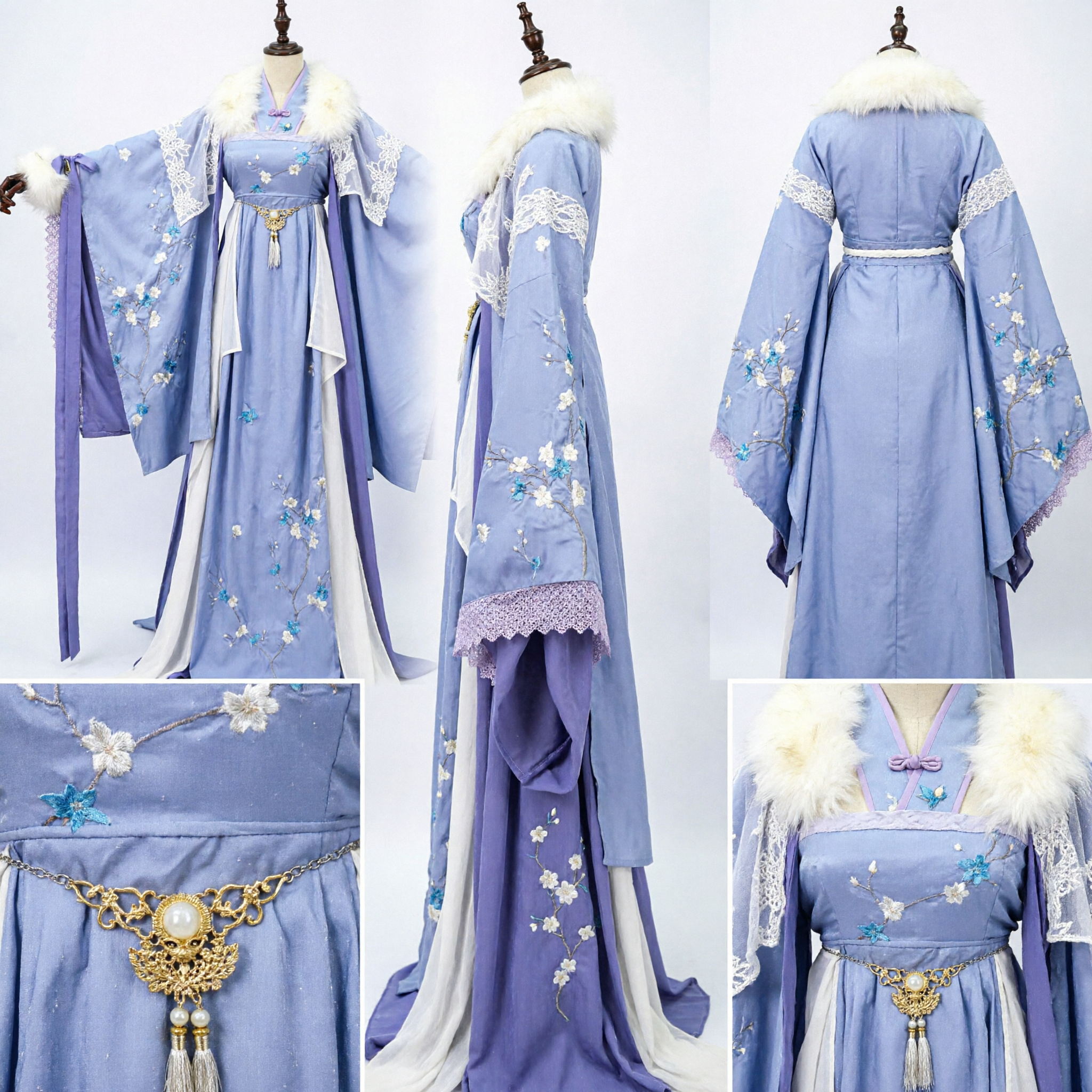 Costume Hanfu Cinese Tradizionale Invernale per Donne Abito Ricamato Viola con Bordo Pelliccia Bianca per Cosplay - Asian Costume